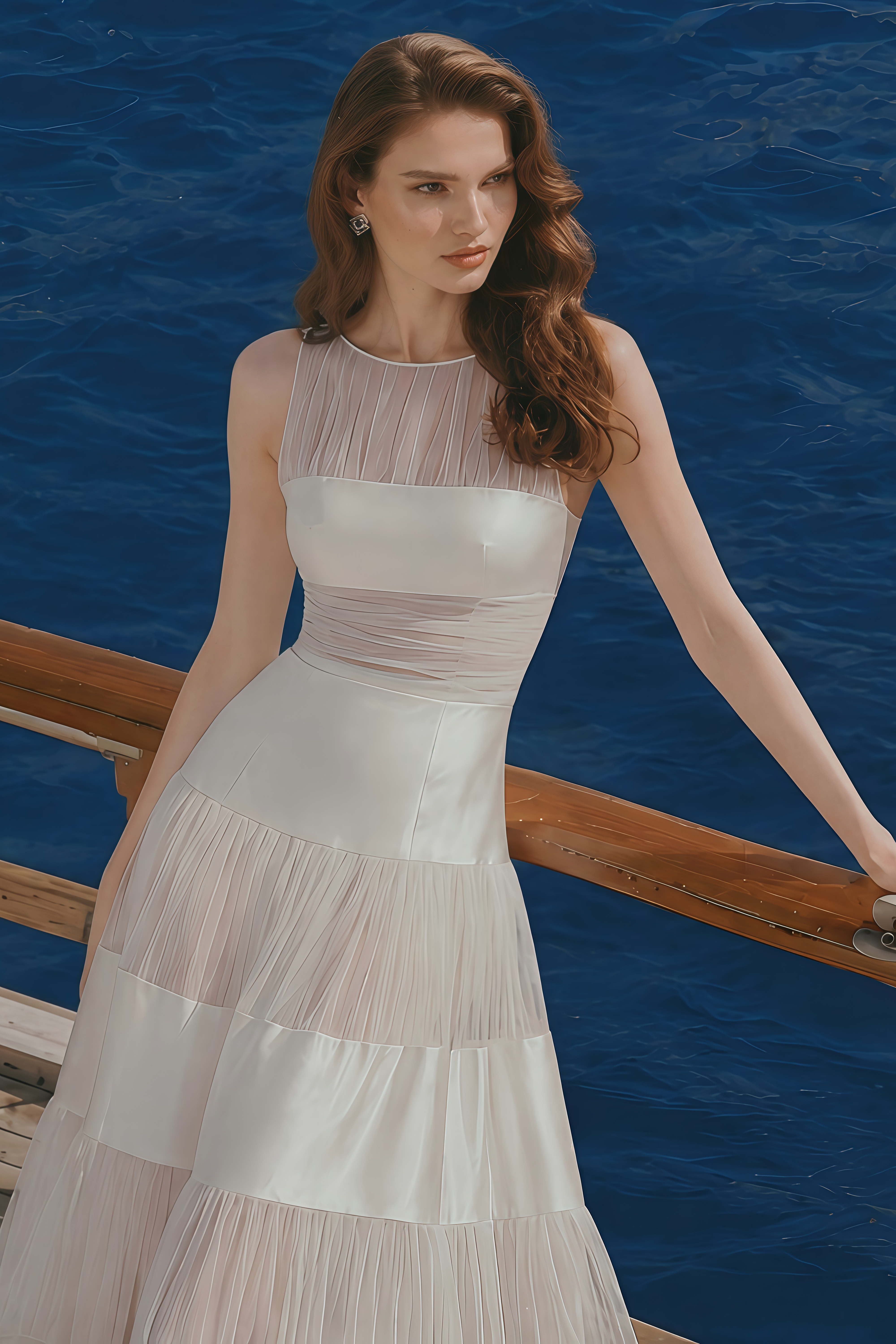 Eloise White Mesh Panel Maxi Dress with Satin Stripes