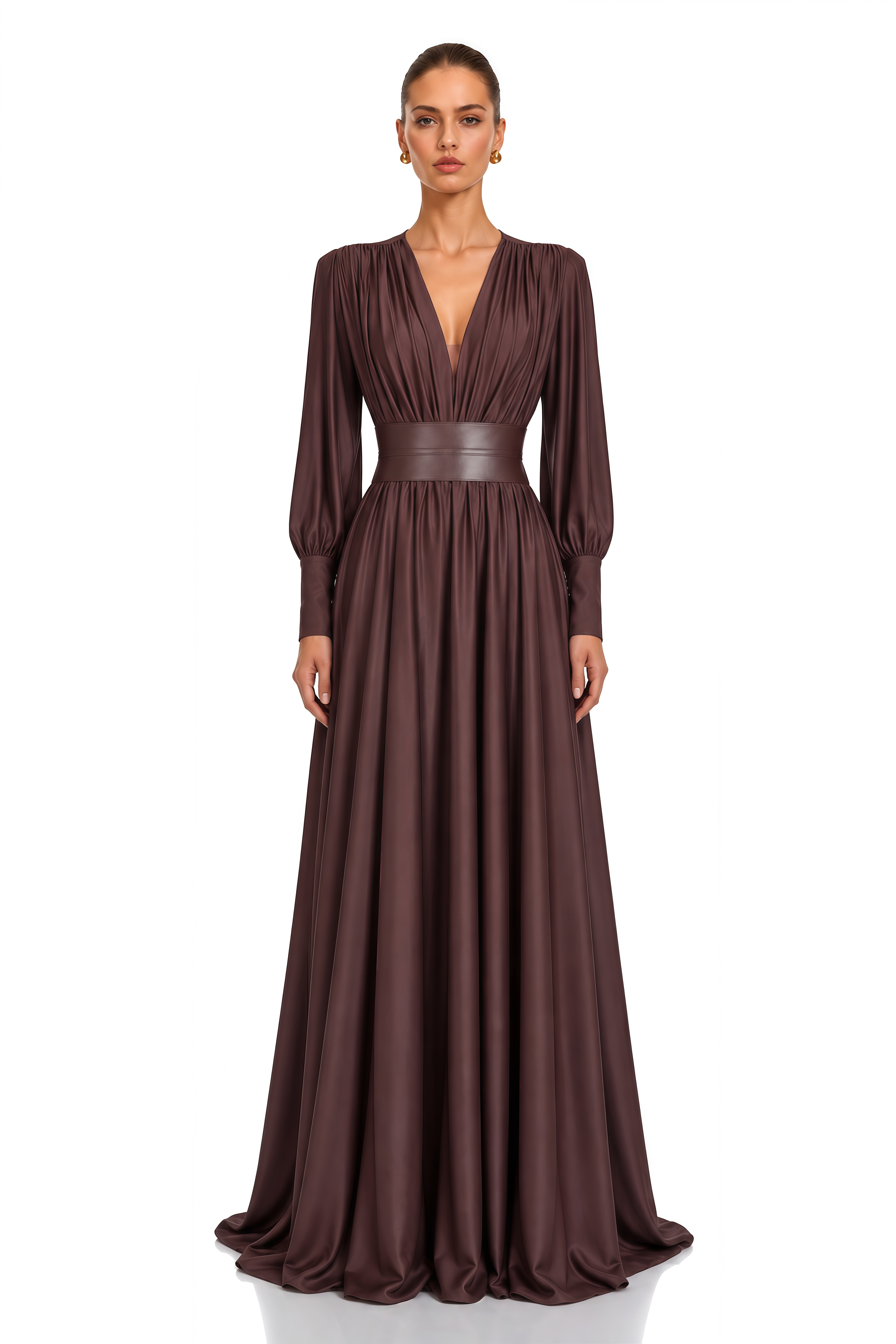 Eleanore Chocolate Brown V-Neck Ruched Maxi Dress