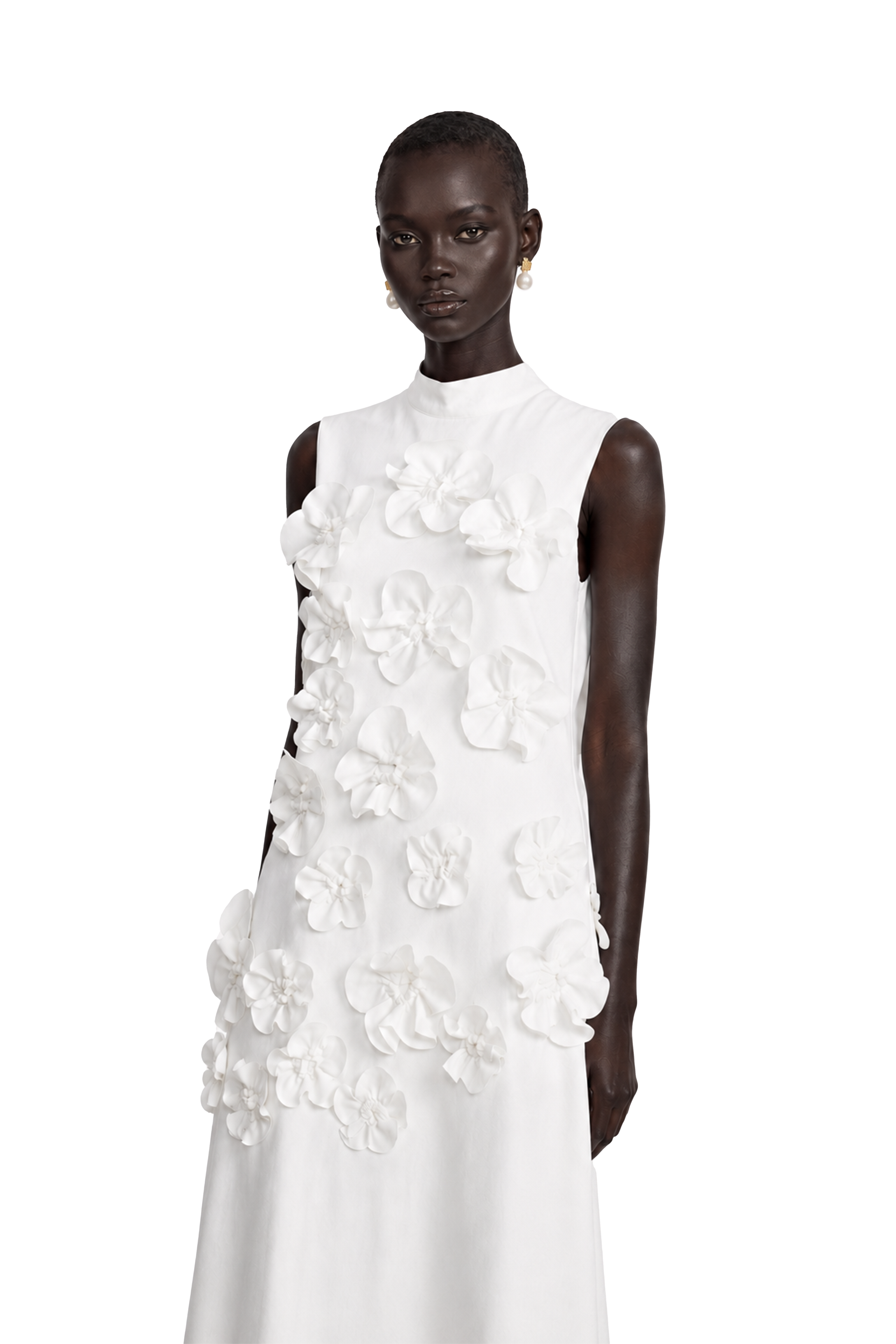 White sleeveless high-neck midi dress with 3D floral embellishments