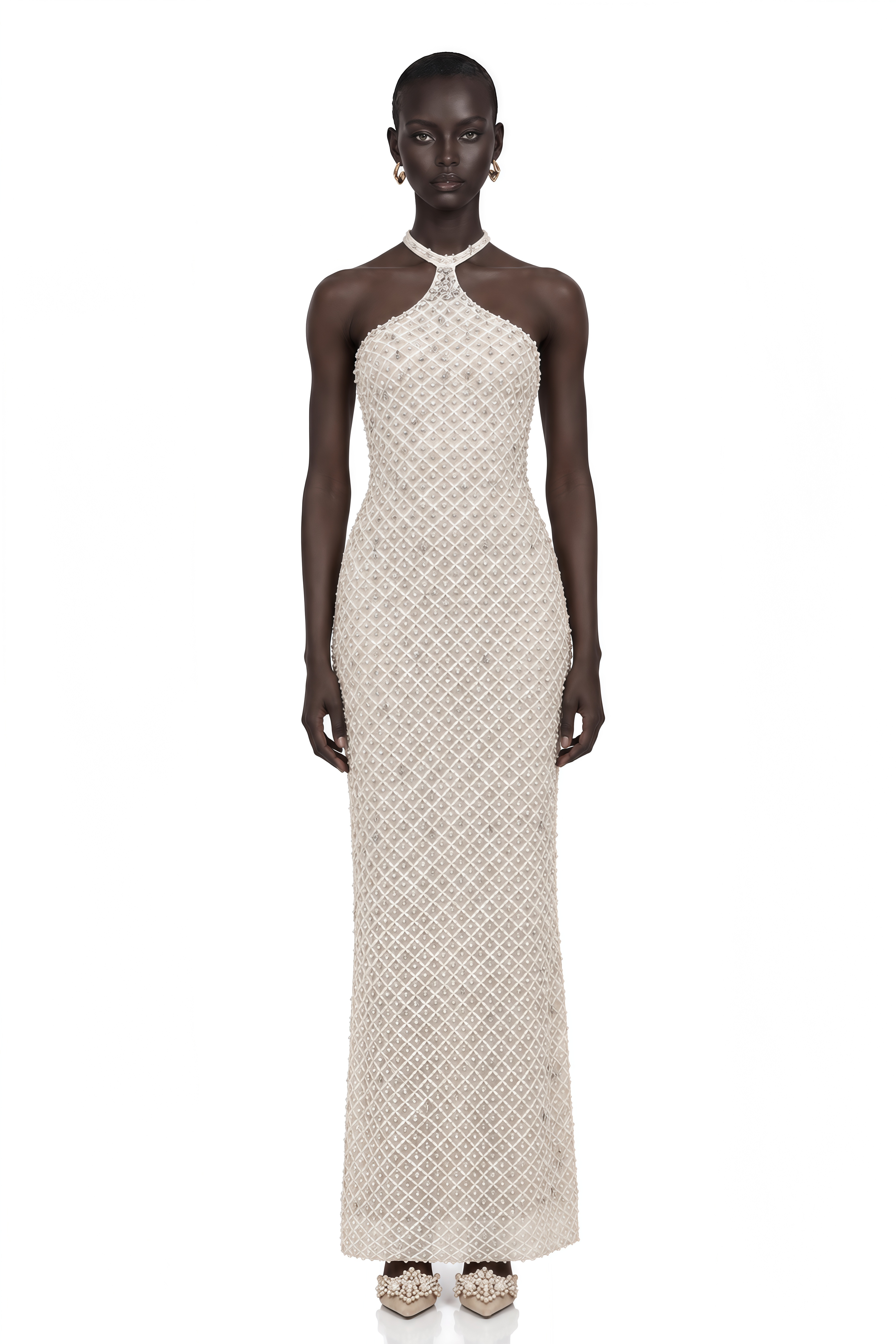 Claudine White Embellished Halterneck Maxi Dress