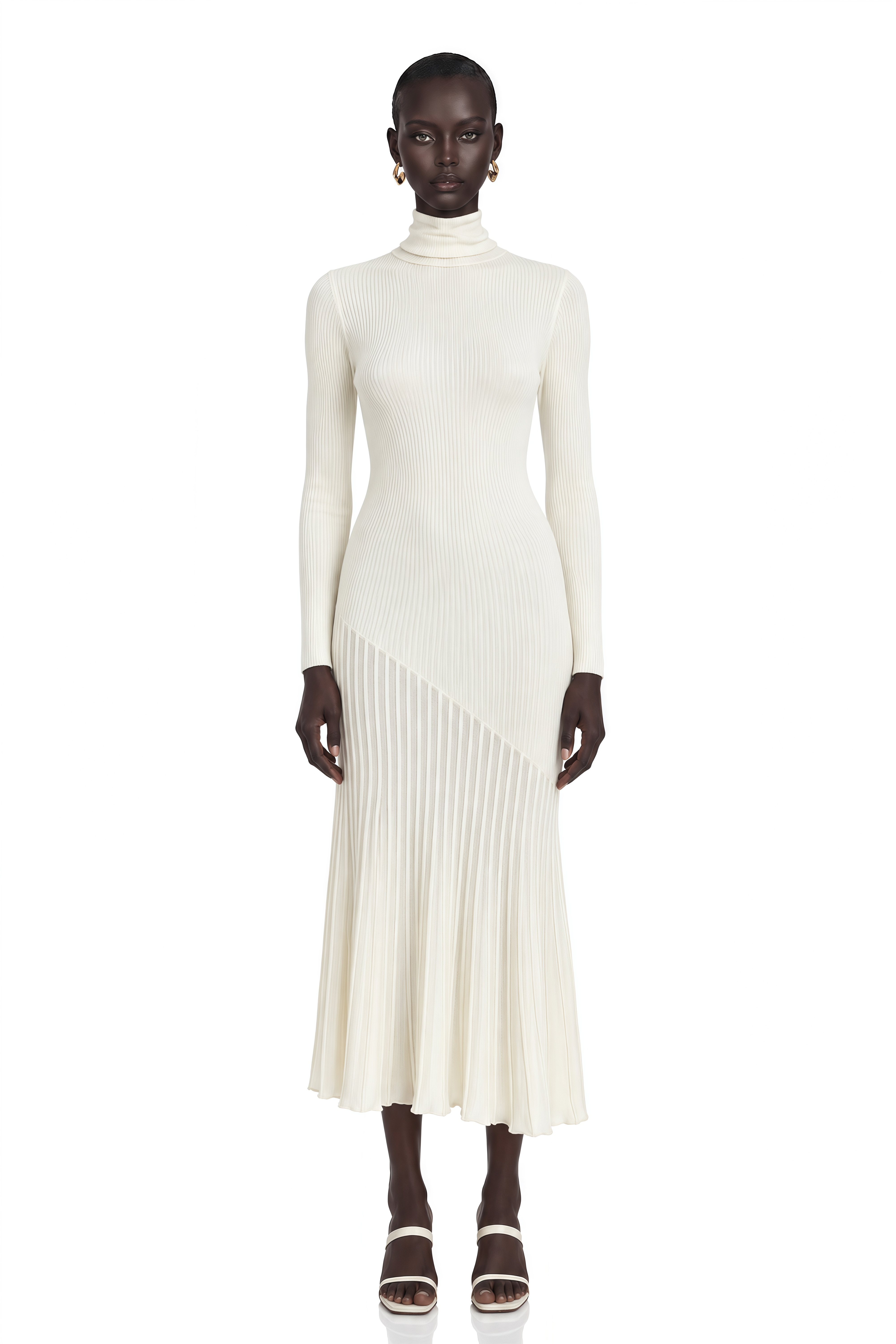 Émeline White Knitted Pleated Midi Dress