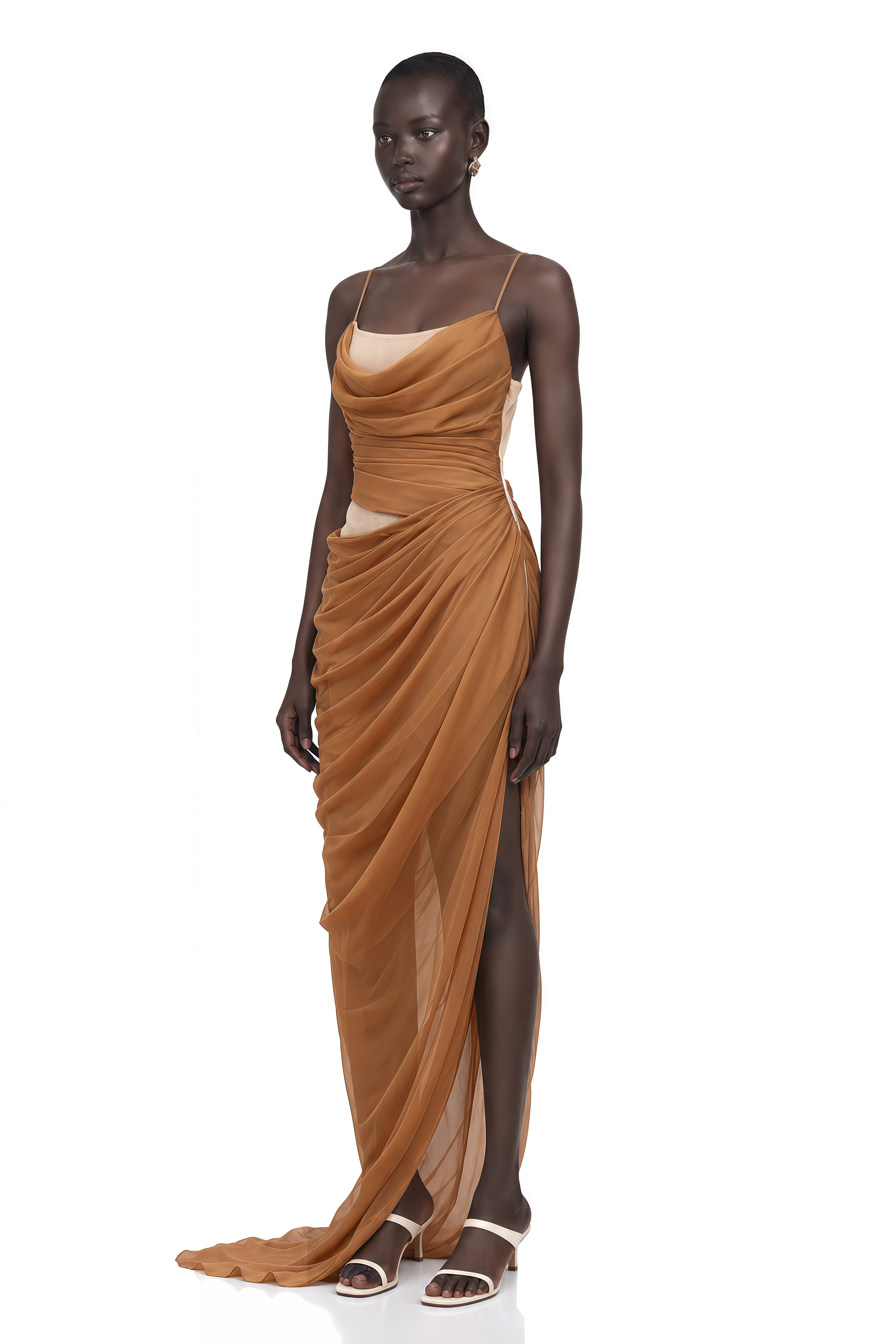 Charisa Khaki Draped Chiffon Maxi Dress