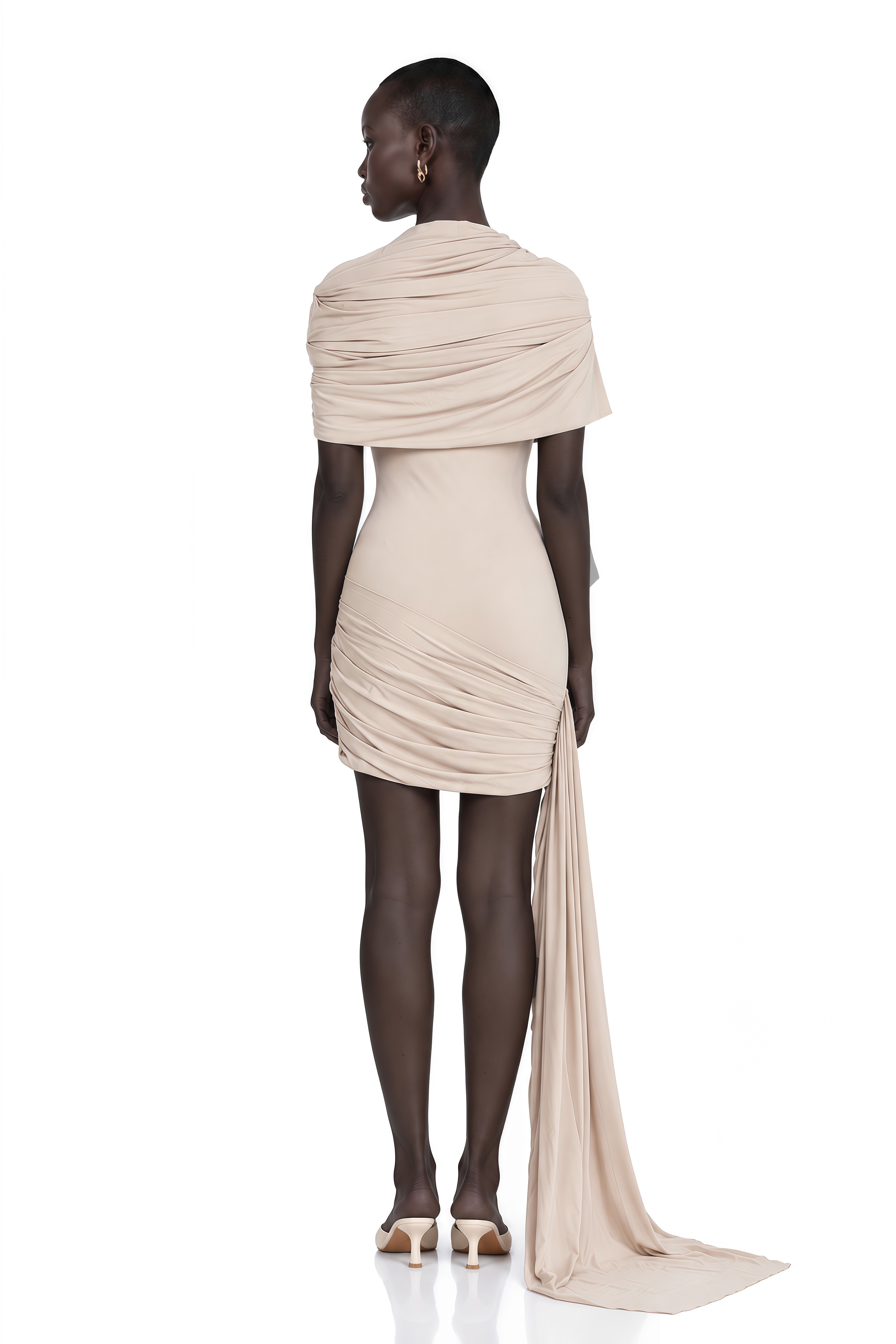 Gaëlle Neutrals Cape-Design Ruched Fitted Mini Dress