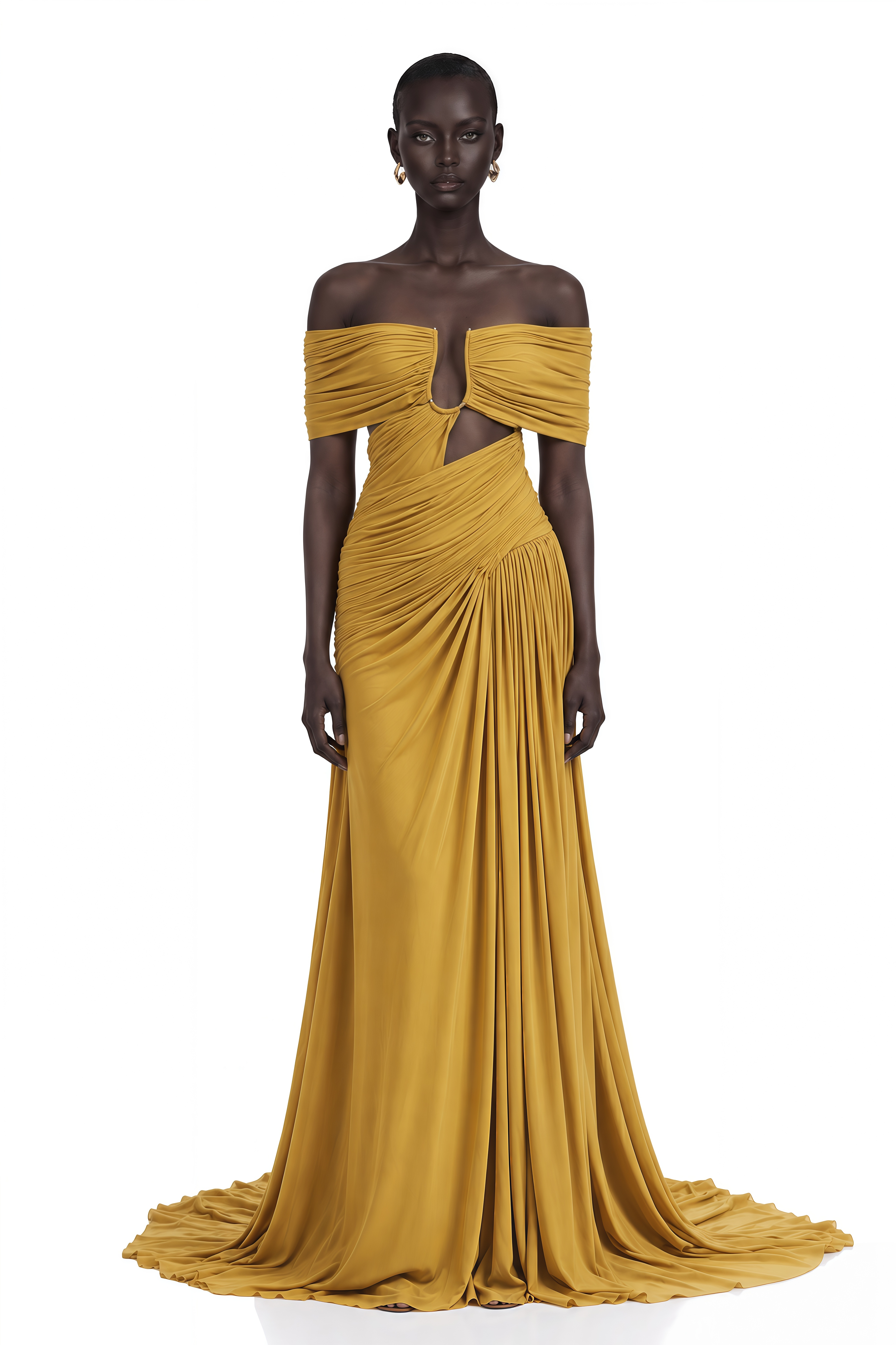 Ludivine Ocher Off-Shoulder Cut-Out Ruched Maxi Dress