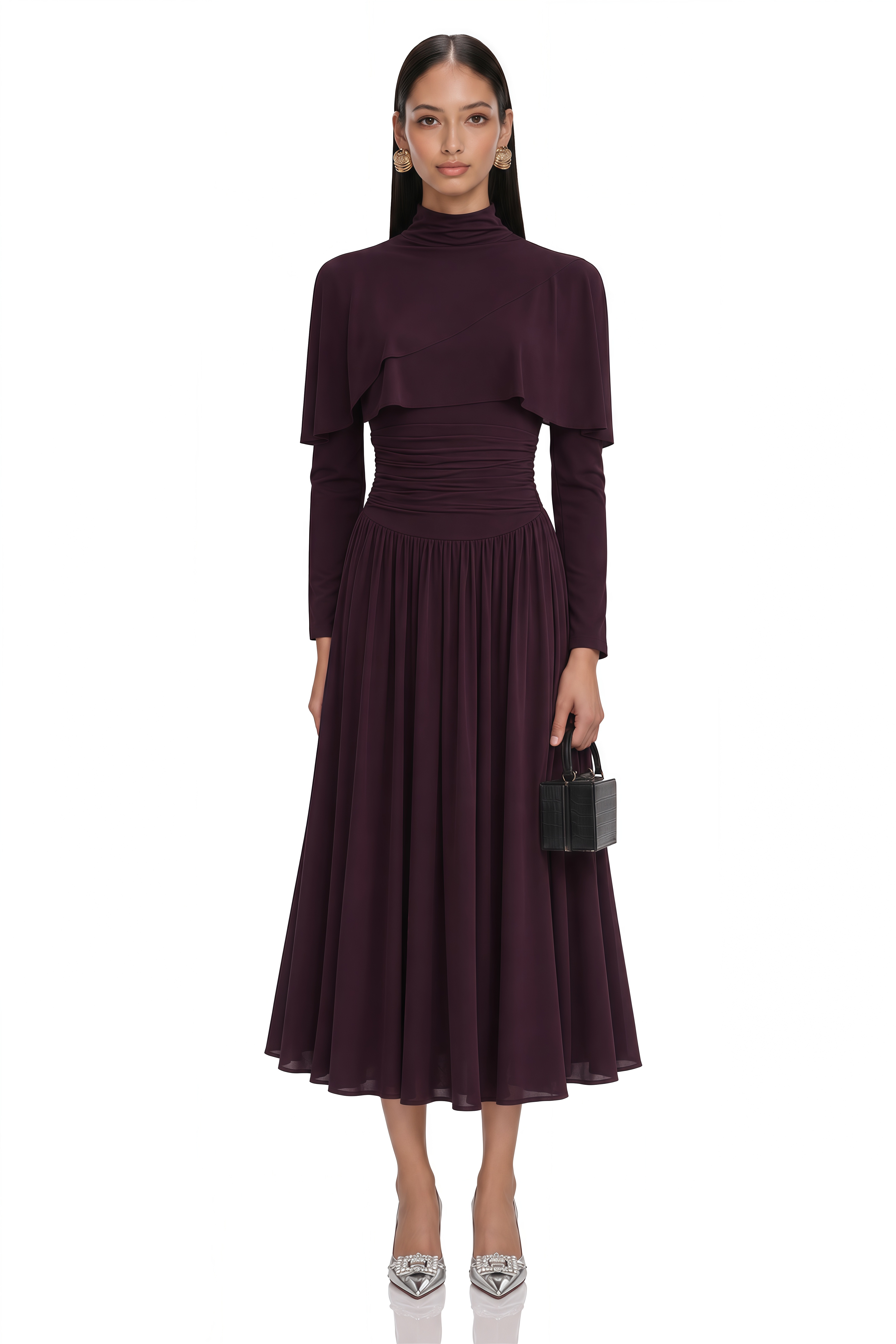 Camille Red Ruched Midi Dress with Flap Design Detail