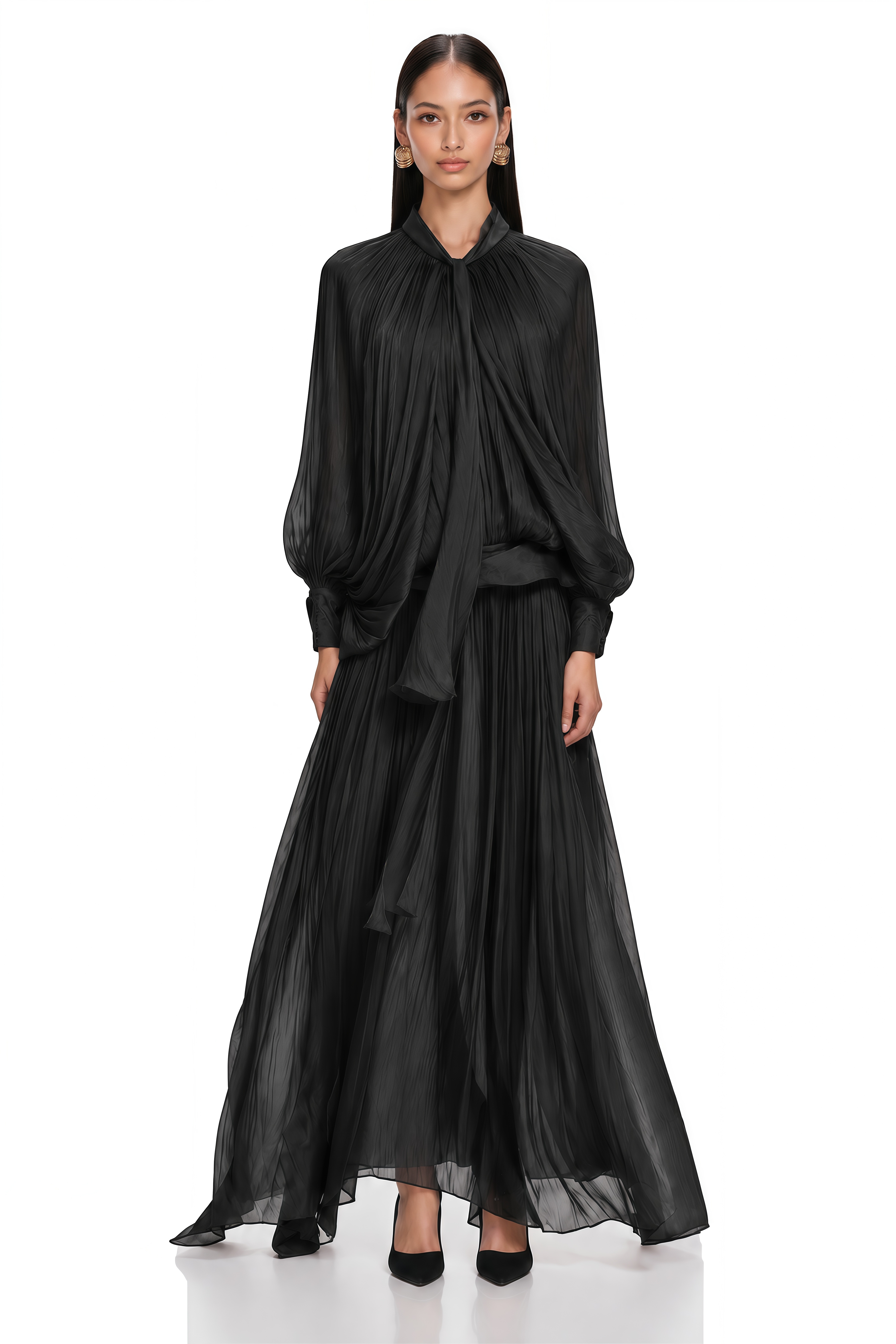 Mila Pleated Satin Maxi Dress in Black