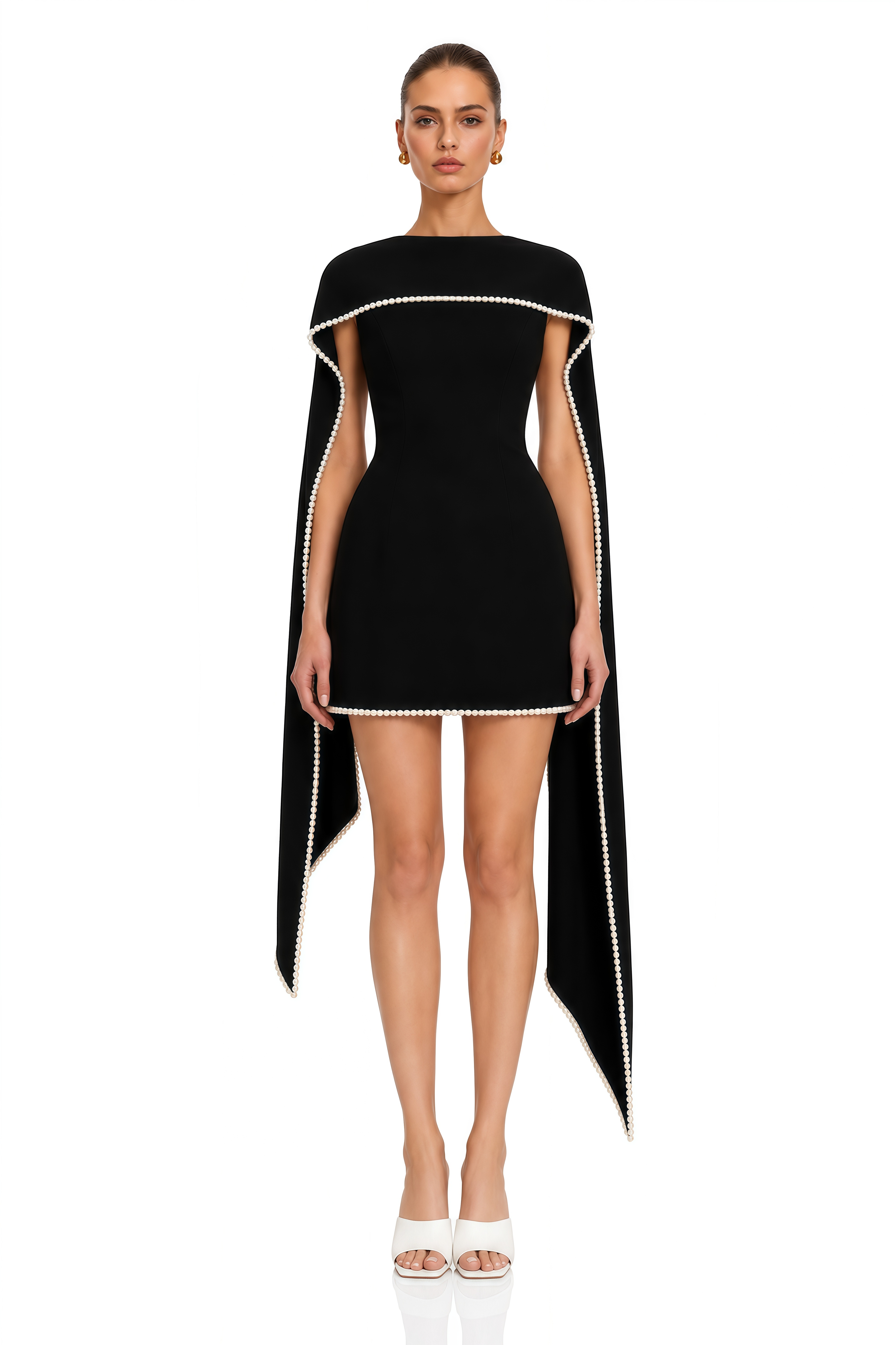 Piroska Black Sleeveless Pearl Trim Mini Dress