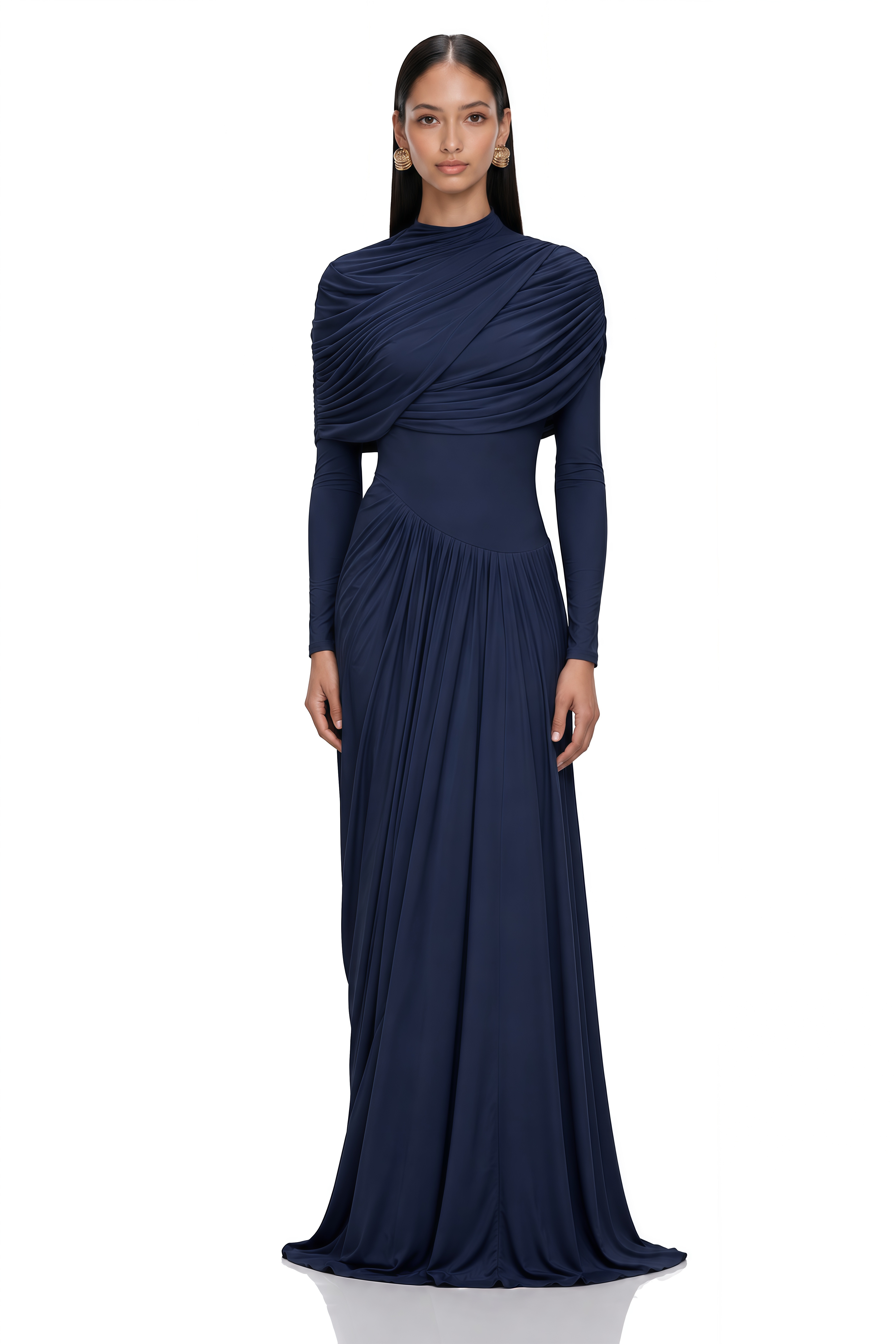 Catherine Navy-Blue Asymmetrical Pleated Long-Sleeve Maxi Dress