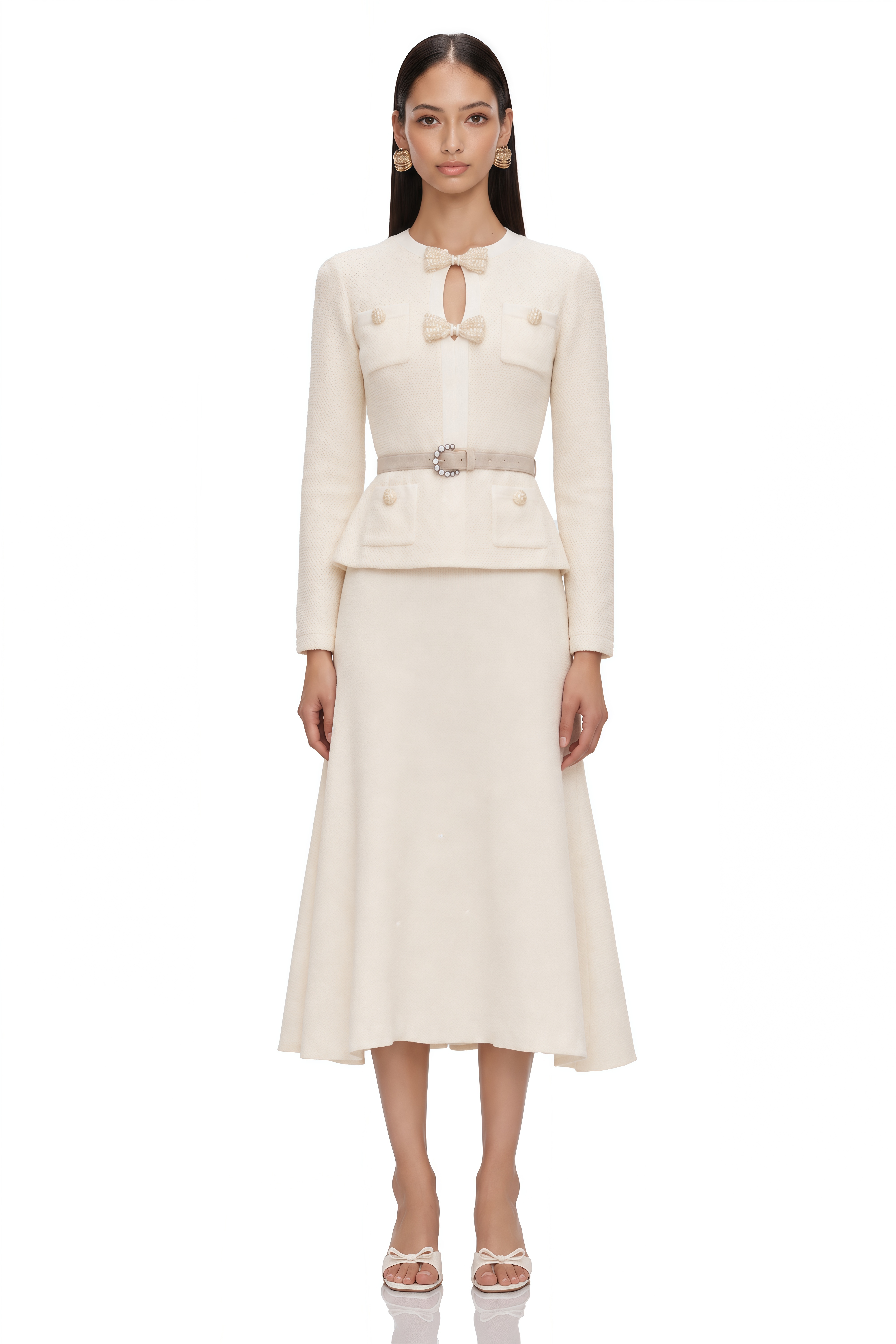 Adélade White Embellished Knit Midi Dress