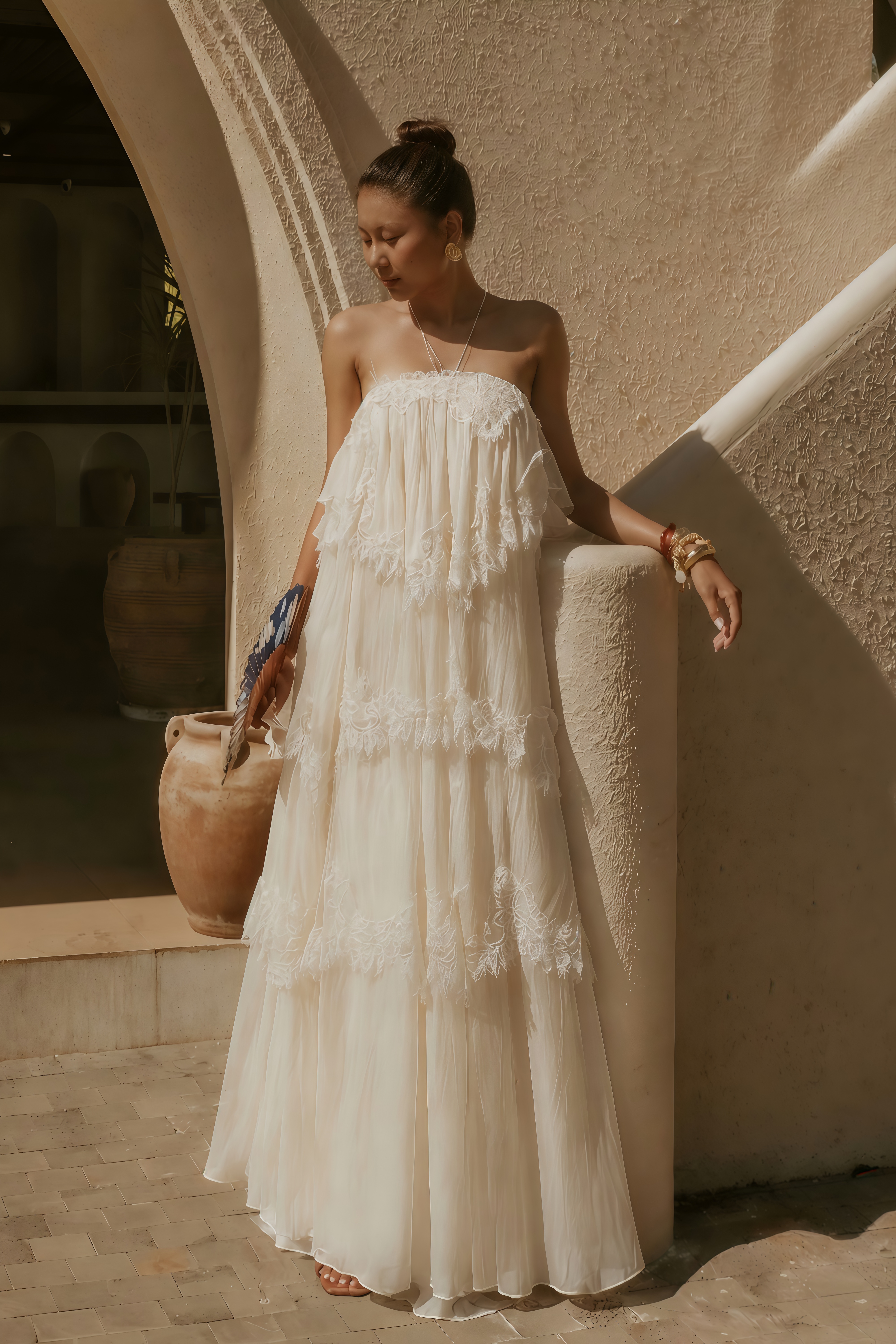 Rhema Cream White Tiered Maxi Dress with Lace Trim