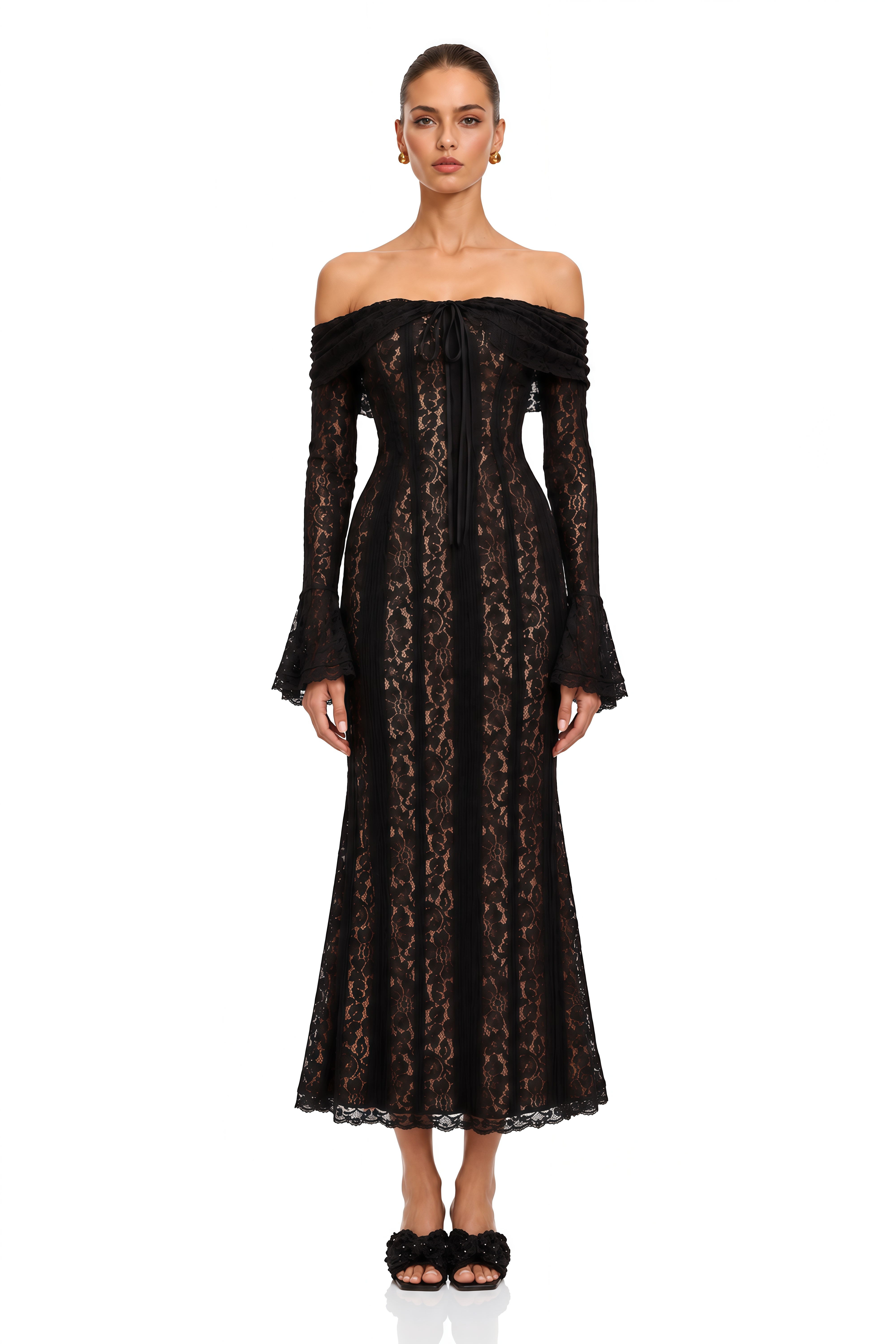 Émeline Floral Lace Flared-Cuff Midi Dress in Black