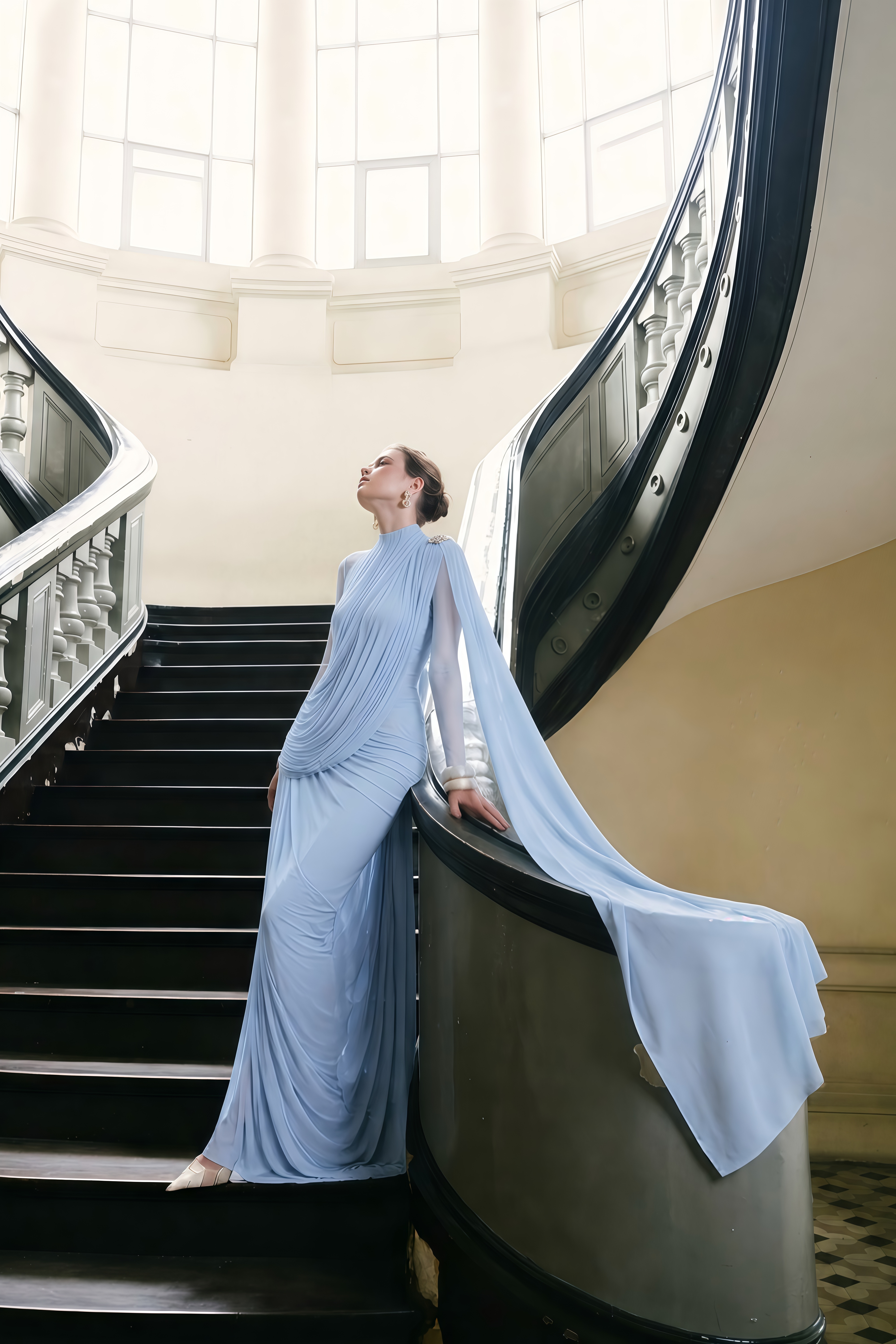 Newton Blue Asymmetrical Ribbon Ruched Maxi Dress