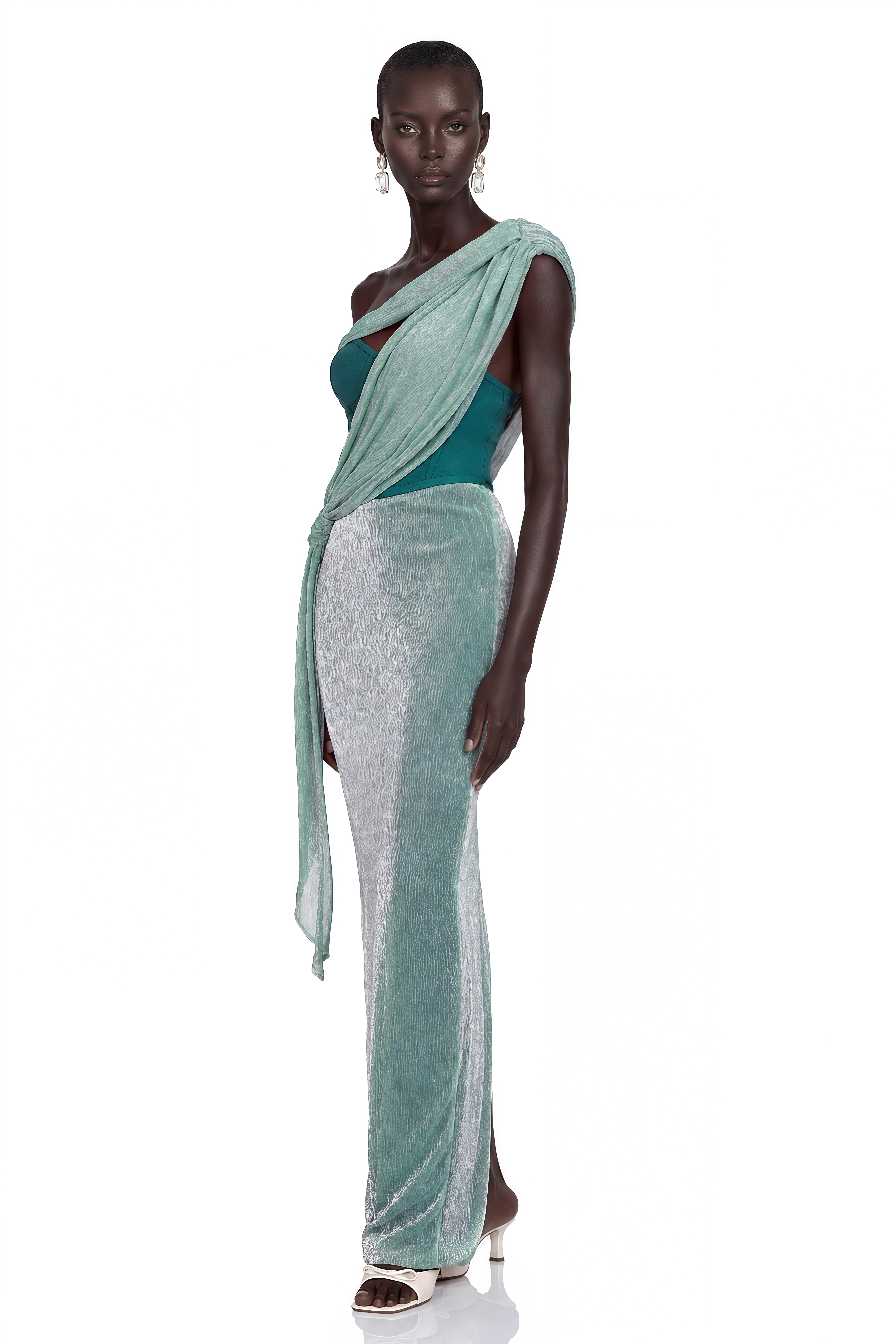 Mint green metallic draped maxi gown with a teal corset bodice