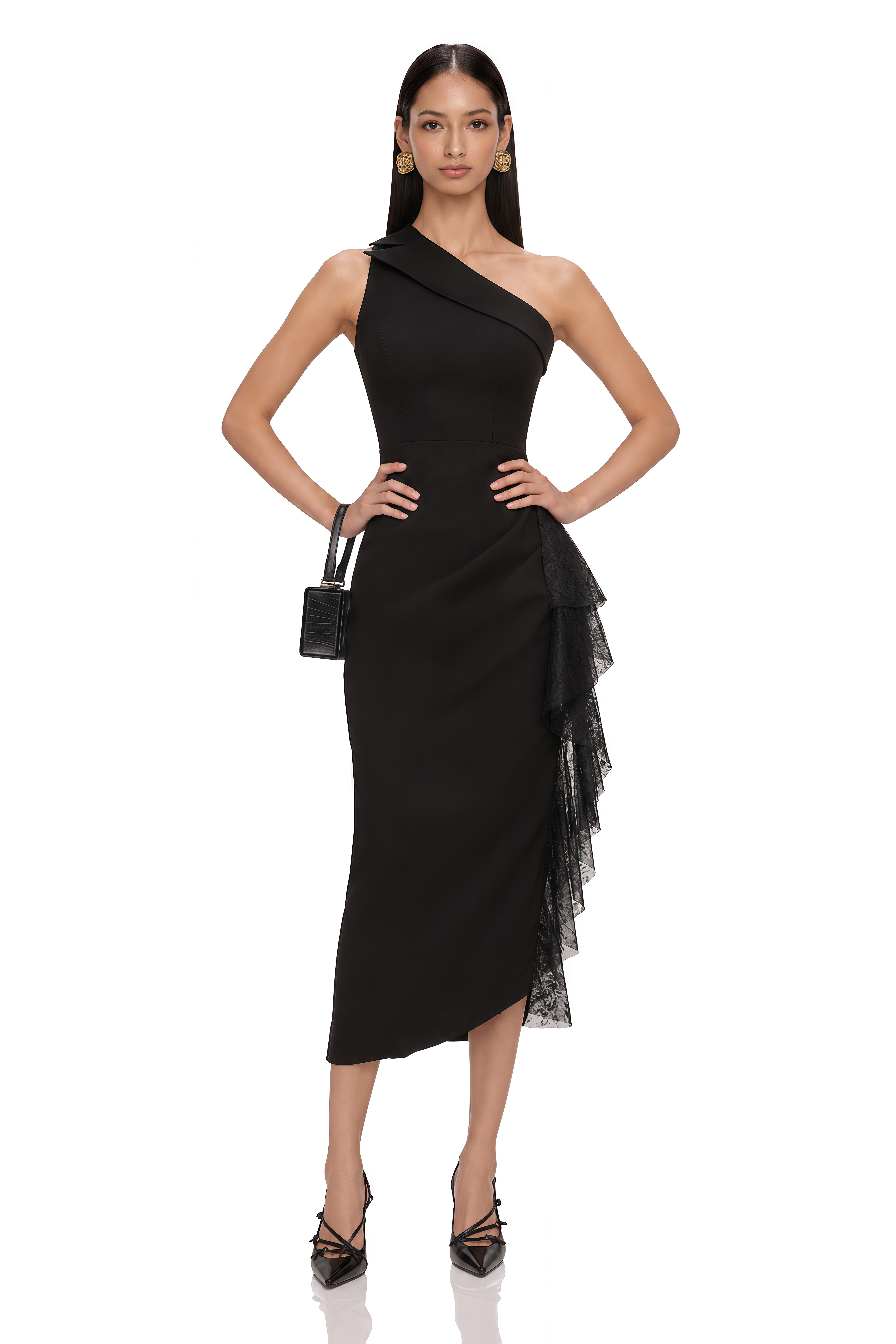 Bernadette Black Lace-Panel Asymmetrical Midi Dress