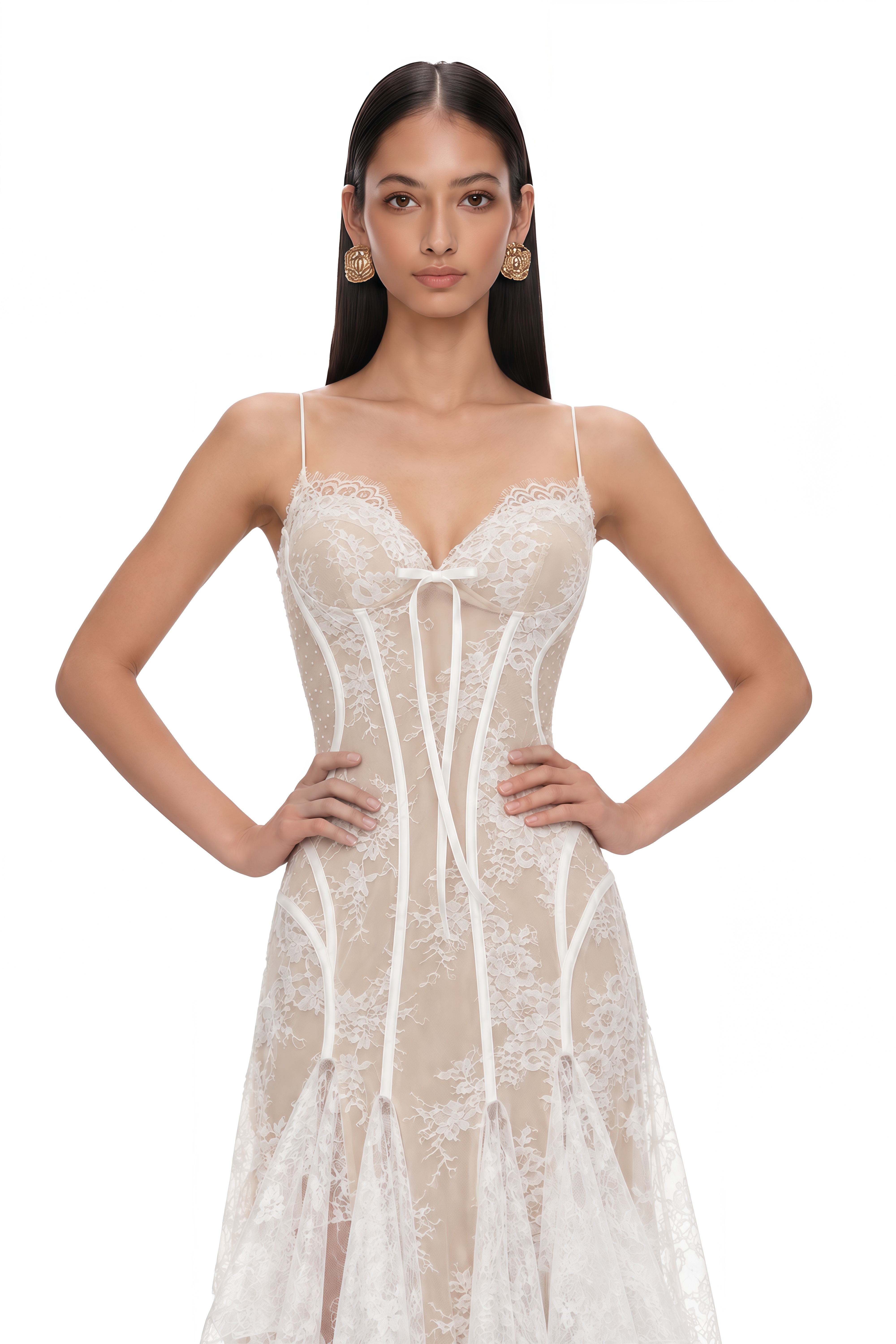 Annelise White Floral Lace Asymmetrical Midi Dress