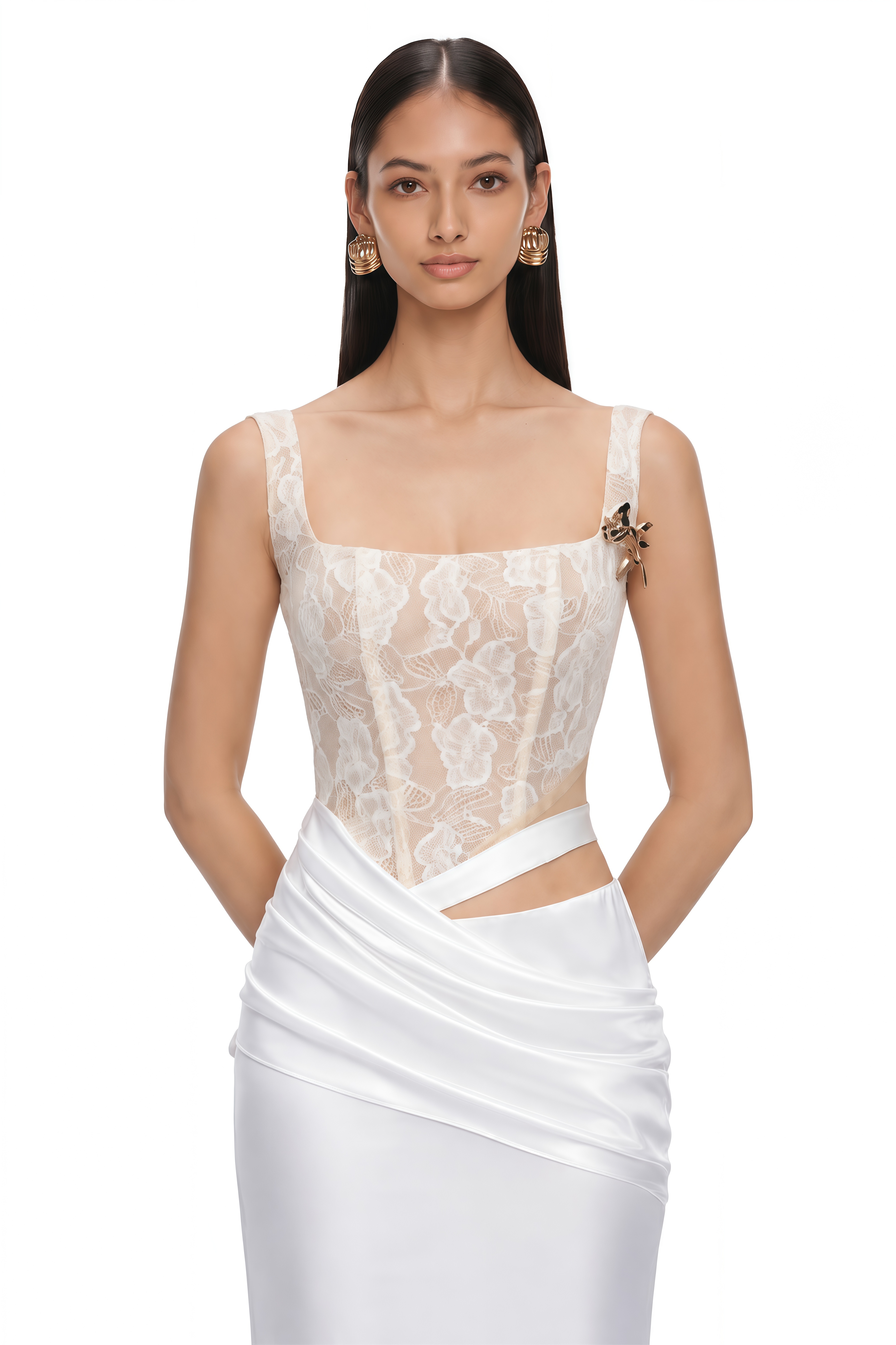Lorraine White Satin Maxi Dress with Lace Cut-Outs