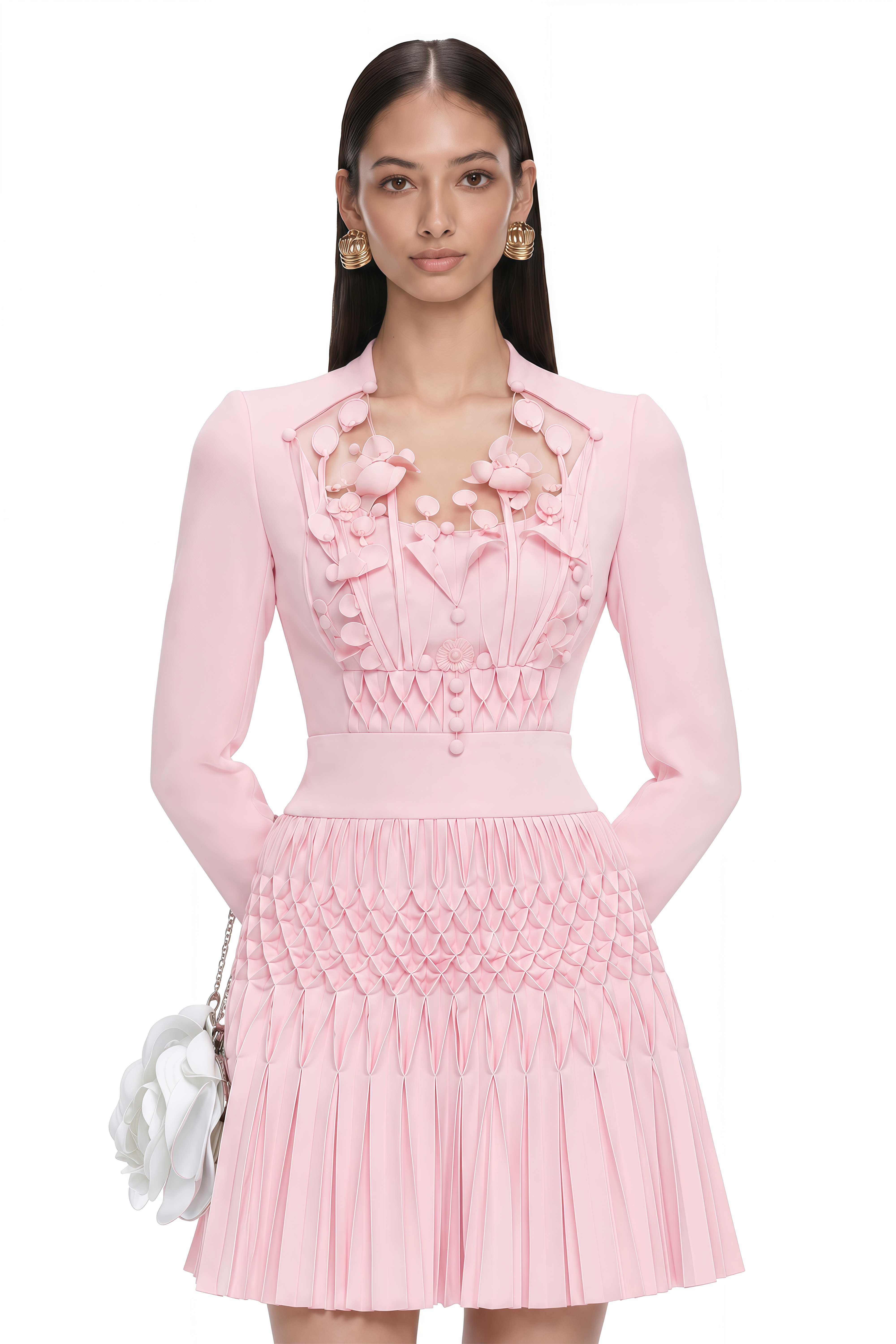 Soraya Pink Floral Applique Pleated Mini Dress