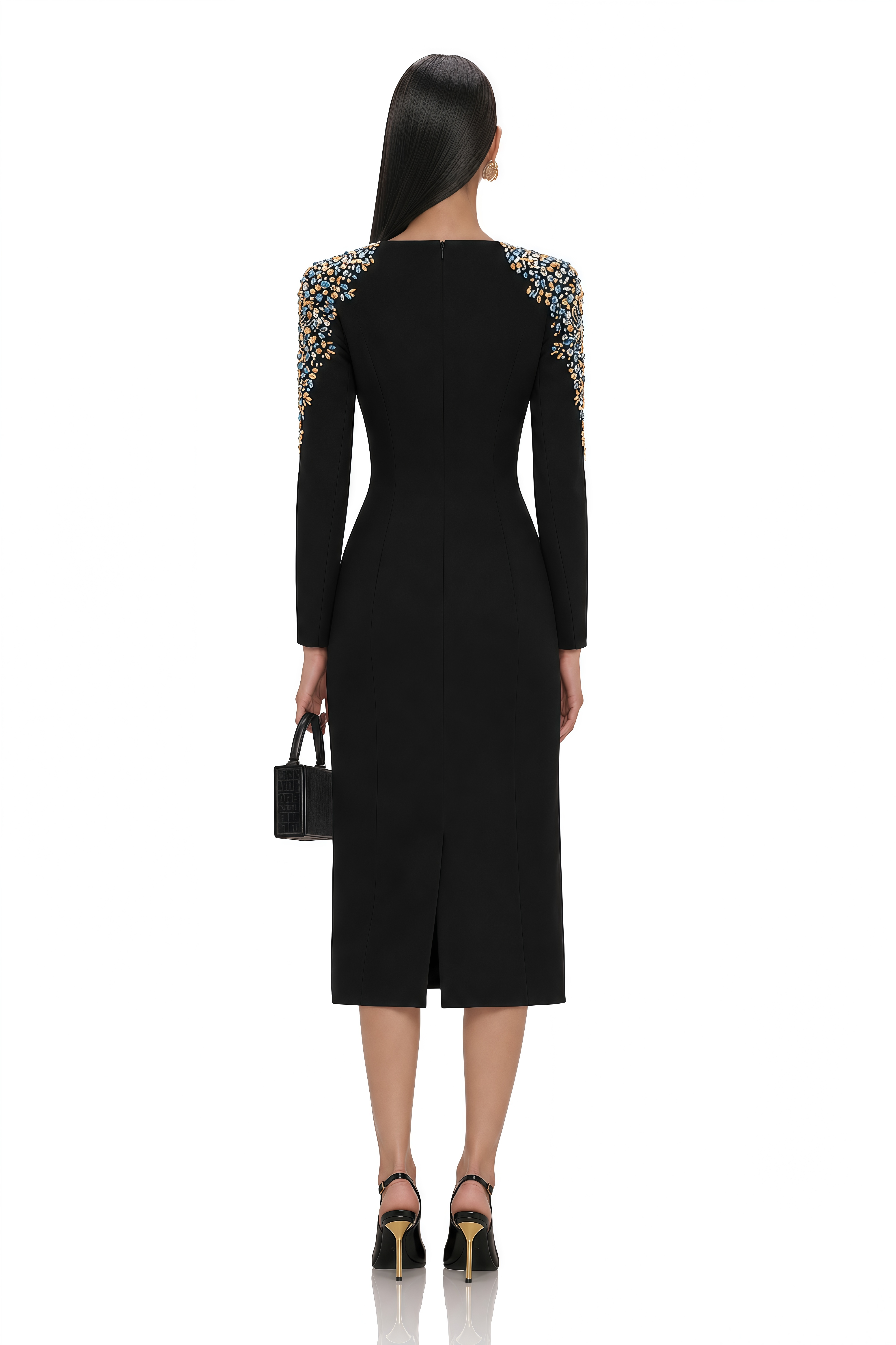 Maelys Black Crystal-Embellished Midi Dress