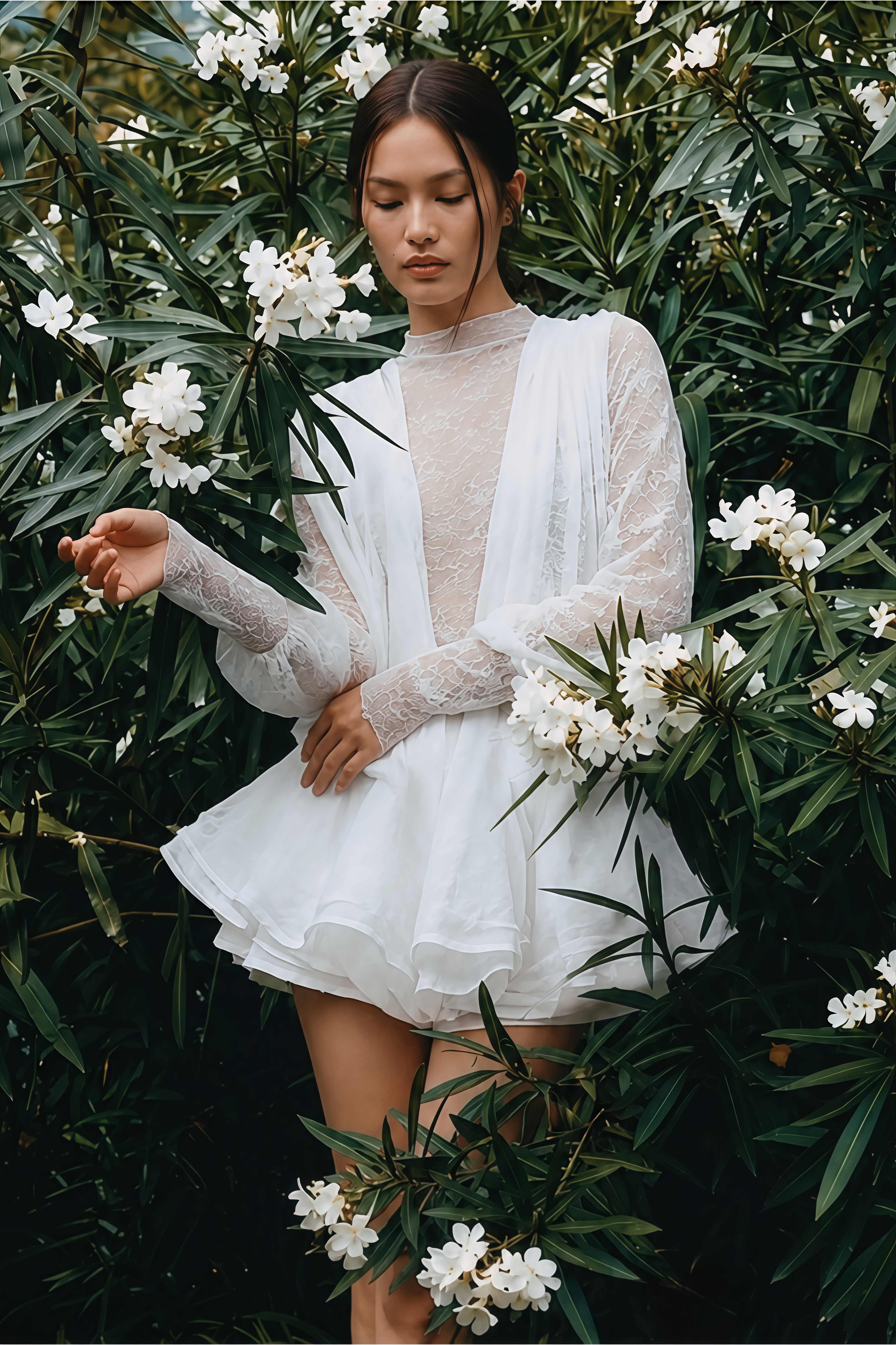 Isoline White Semi-Sheer Lace Top & Shorts & Dress Matching Set