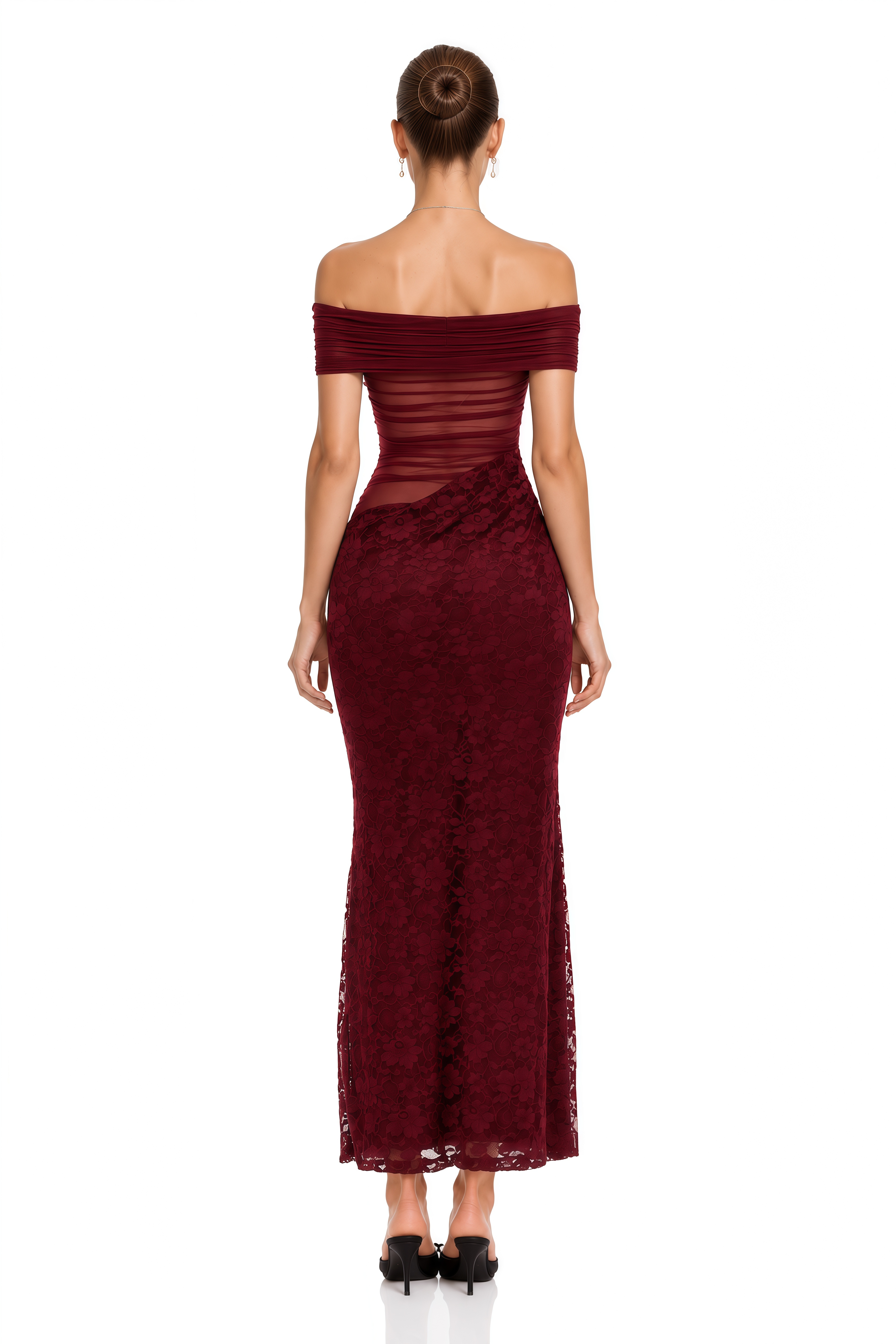 Dianthe Red Lace Panel Mesh Midi Dress