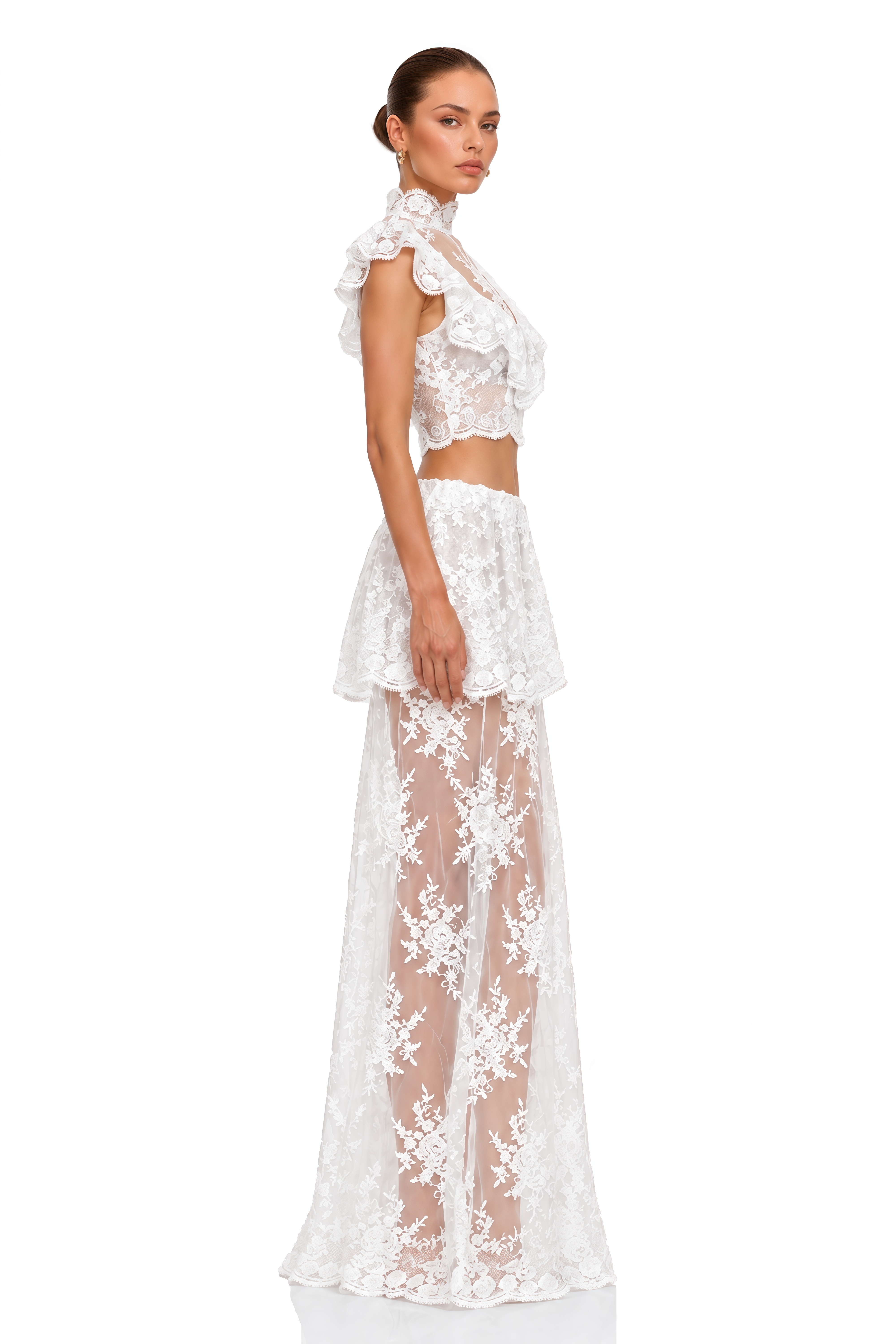 Corinne White Floral Lace Ruffled Top & Skirt Set