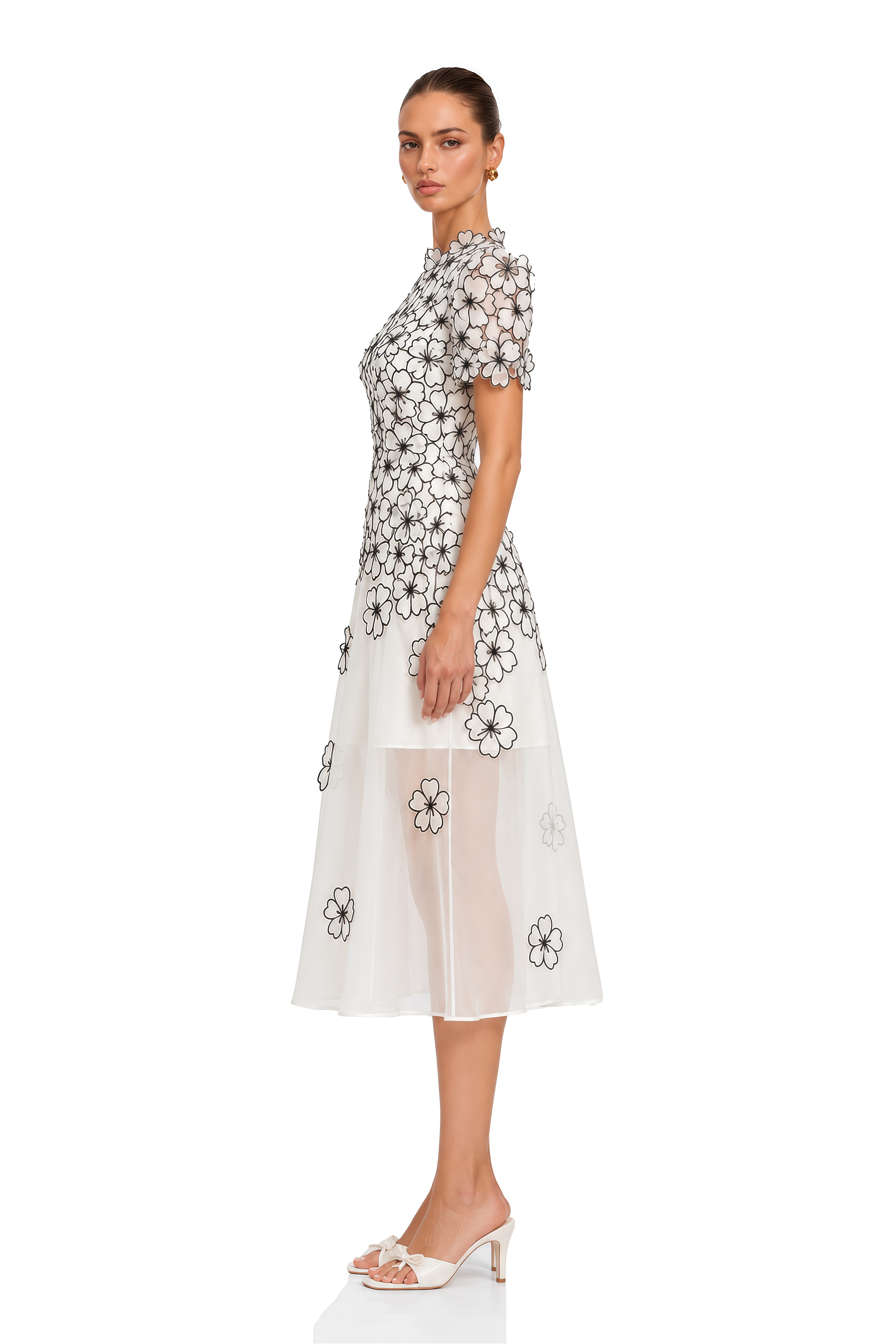 Yaelle White Floral Appliqué Tulle Midi Dress