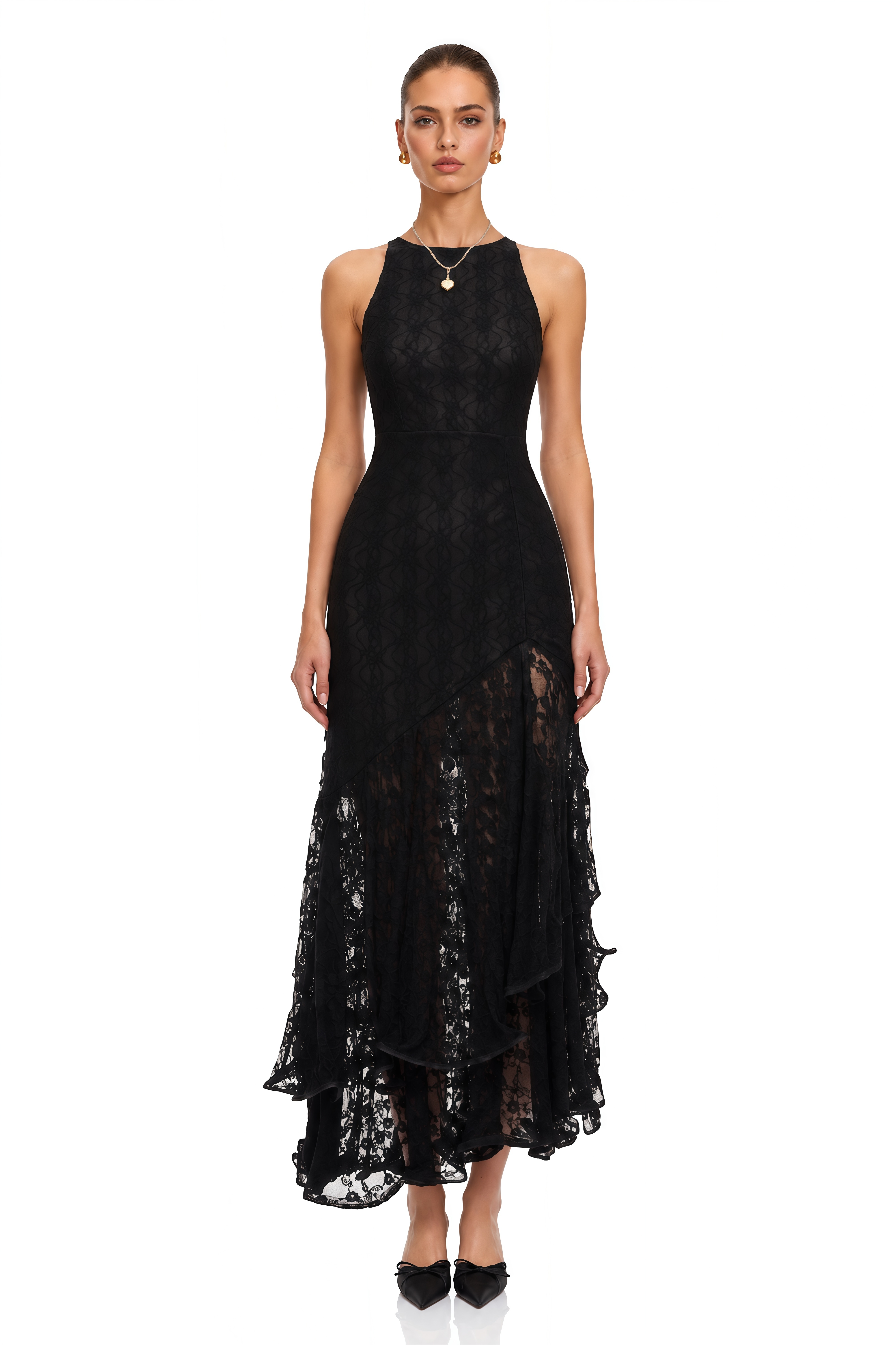 Jonah Black Lace Panel Ruffled Midi Dress