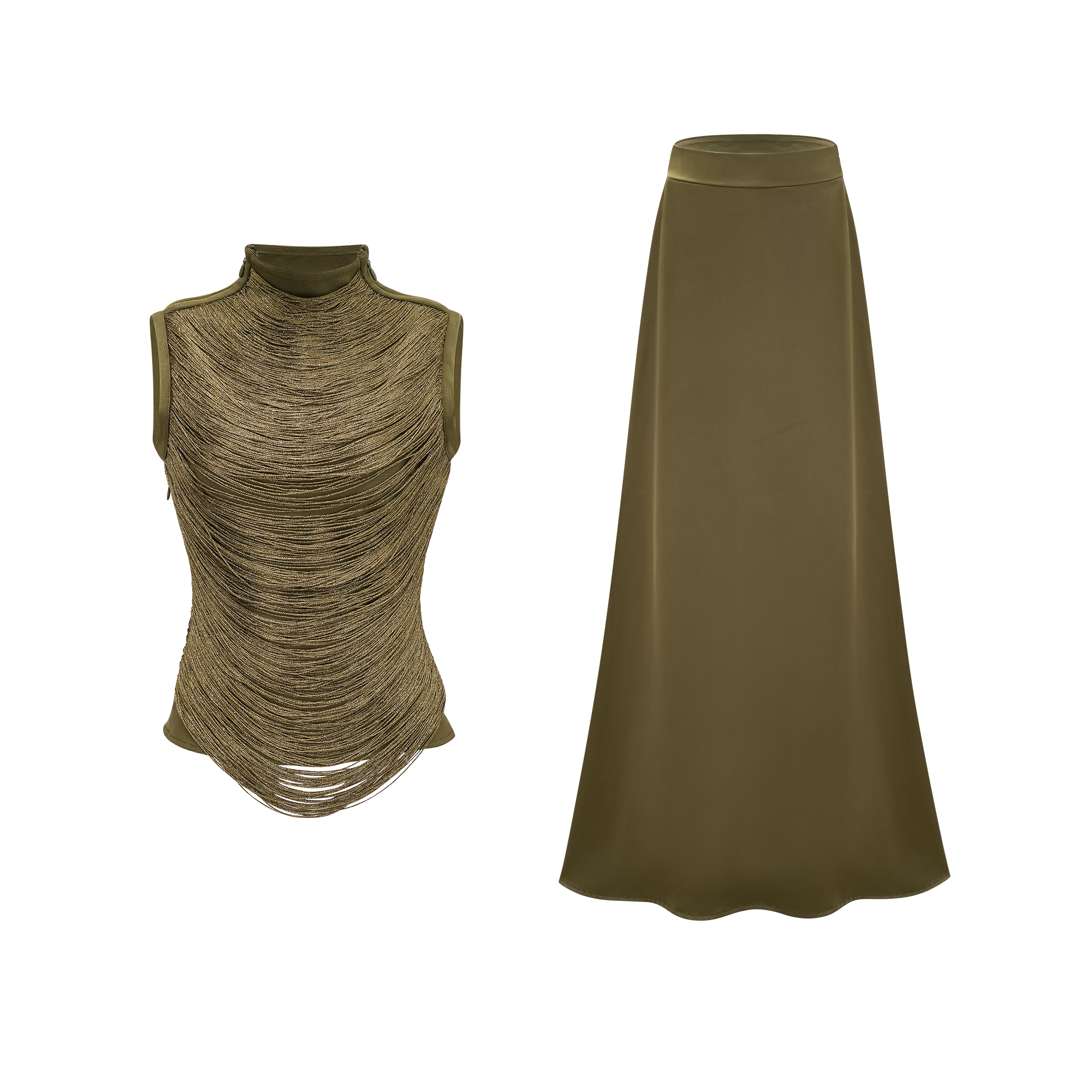 Olive green sleeveless maxi dress with a satin skirt
