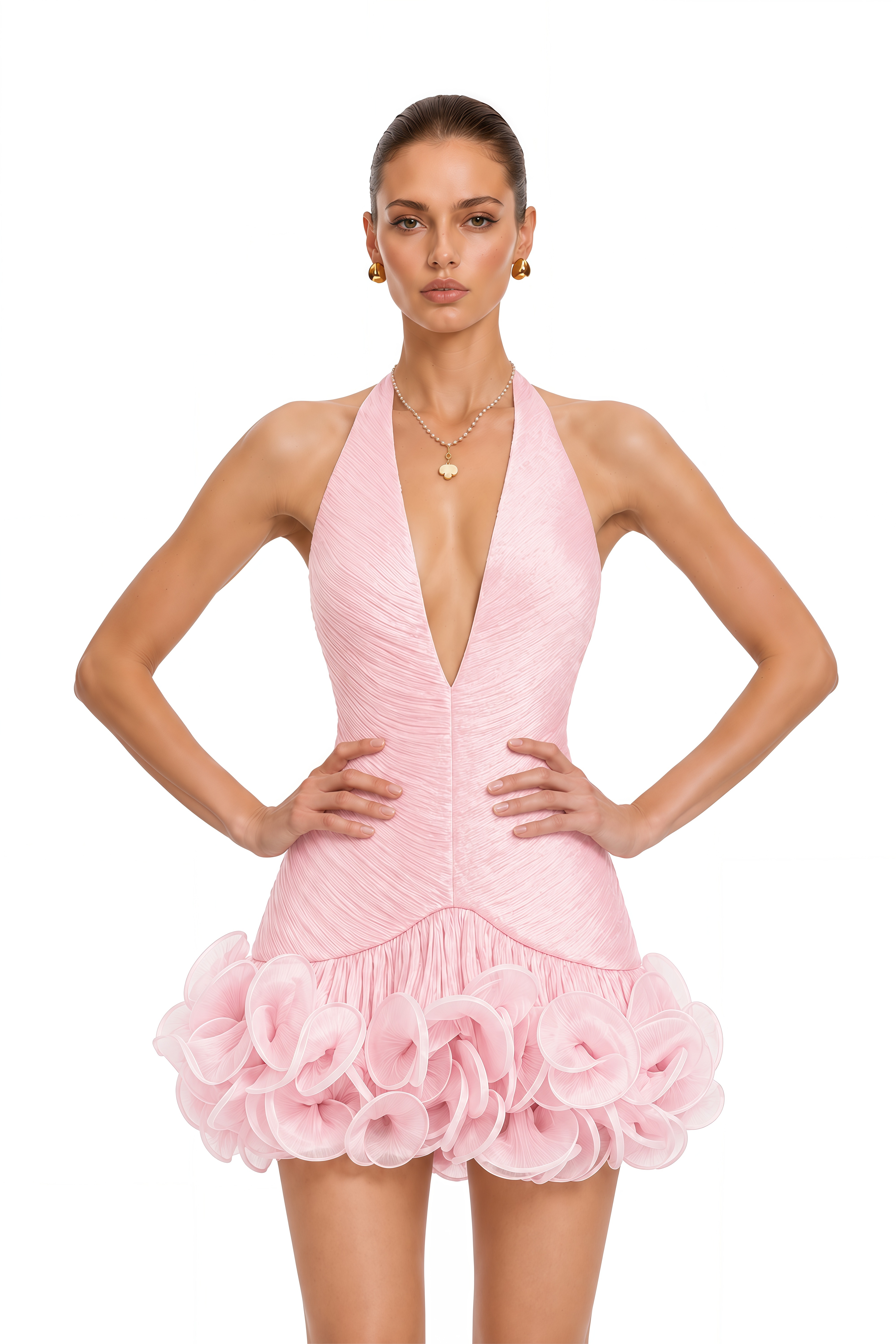 Aurora Pink Plunge Neck Ruched Mini Dress