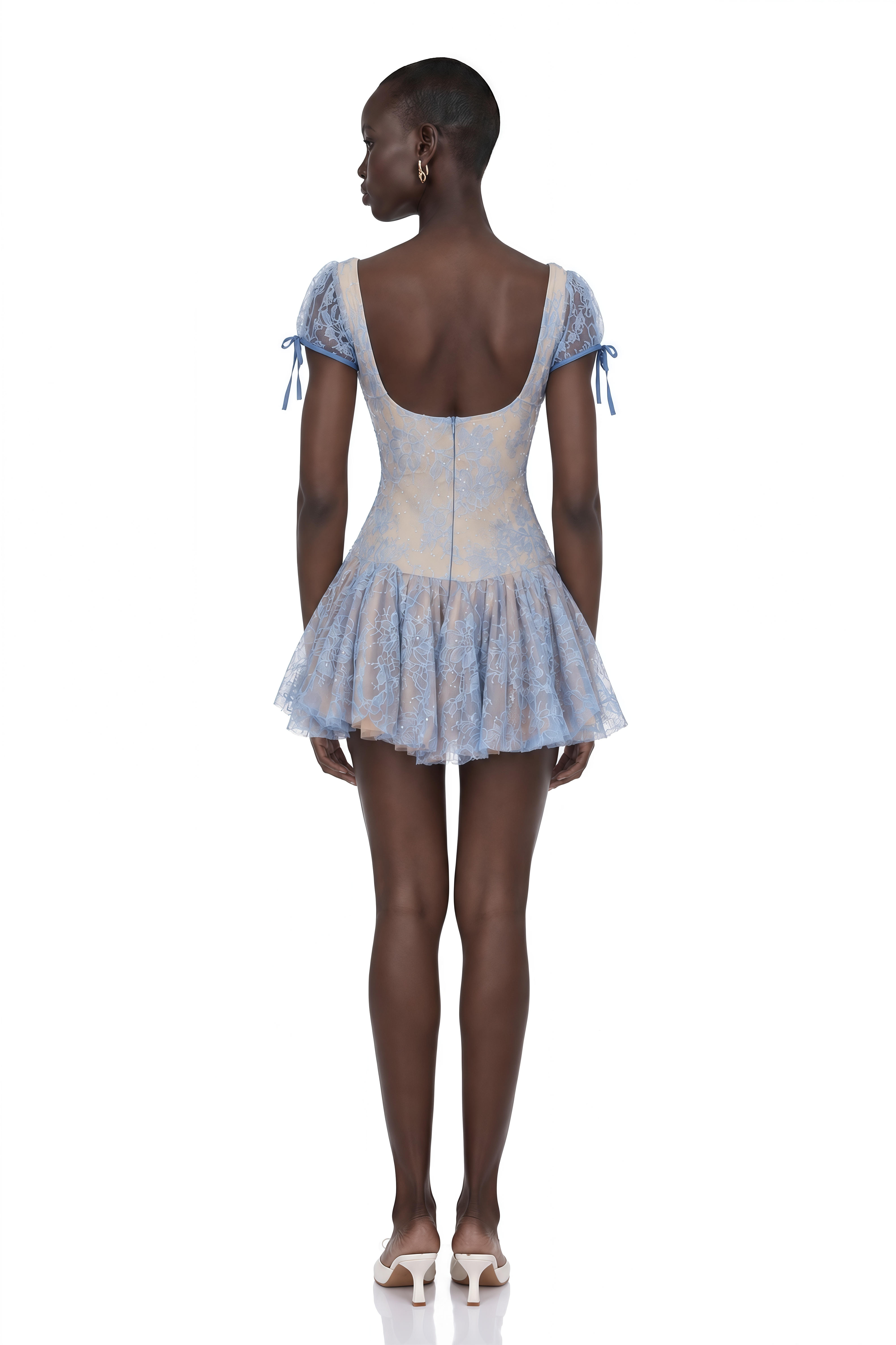 Ruslana Dusty Blue Ruched Lace Mini Dress