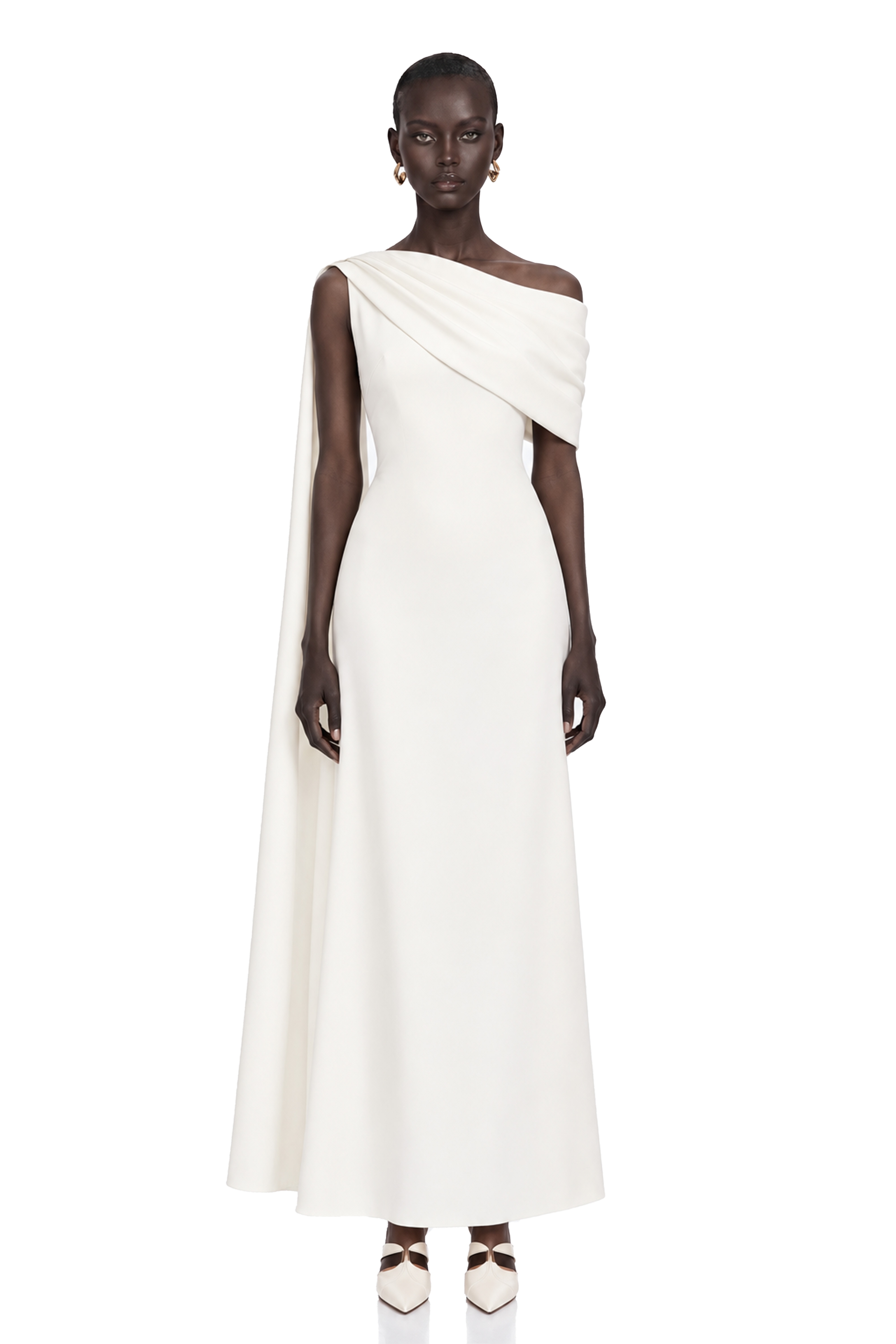 Annabelle White Cape-Design Ribbon Maxi Dress (Without Gloves)