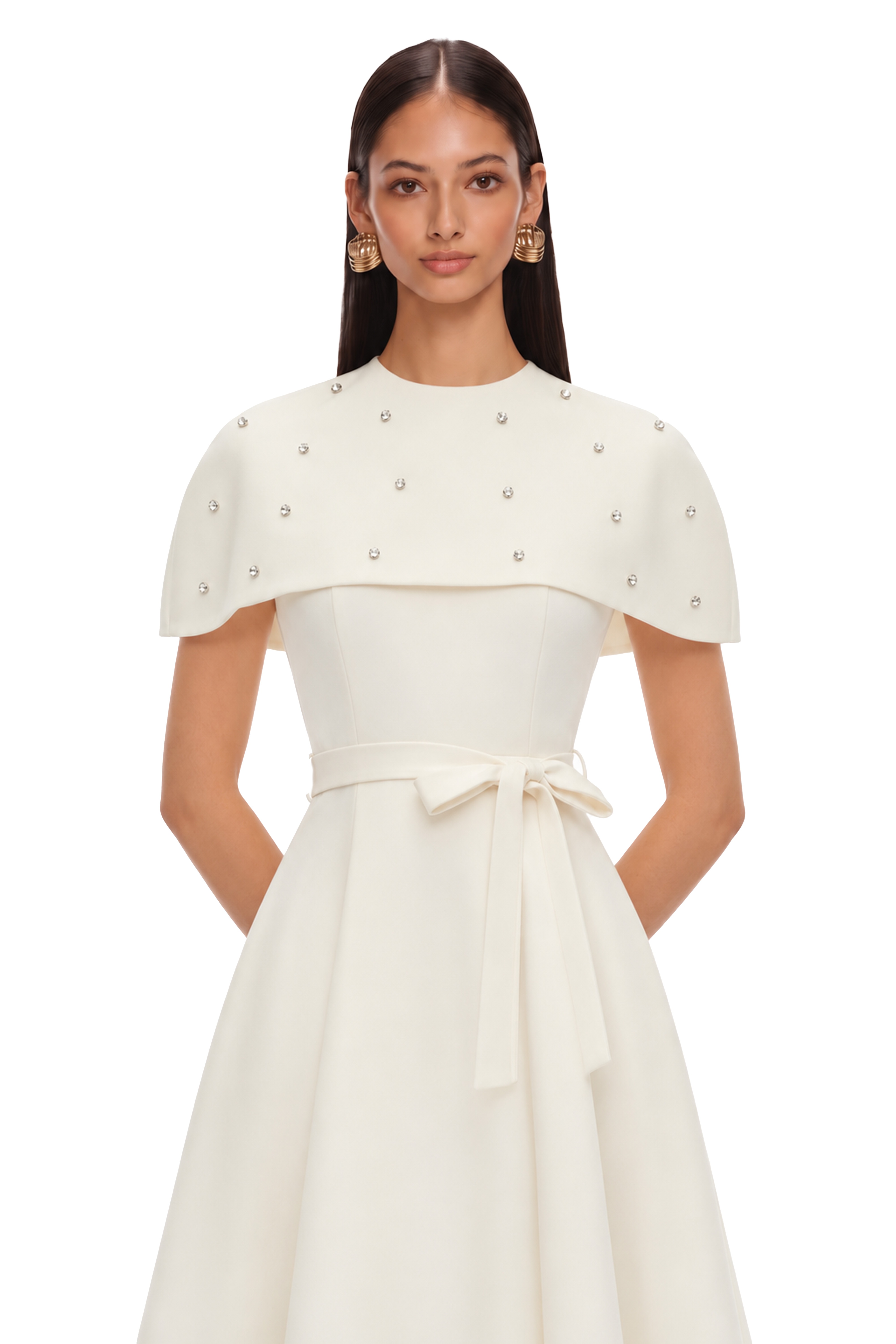 Sawda White Embellished Midi Dress with Cape