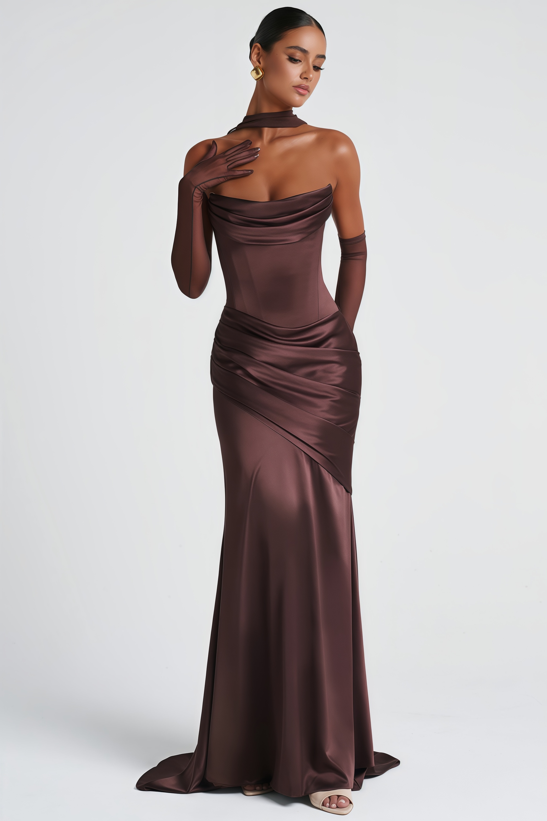 Strapless Ruched Satin Maxi Dress