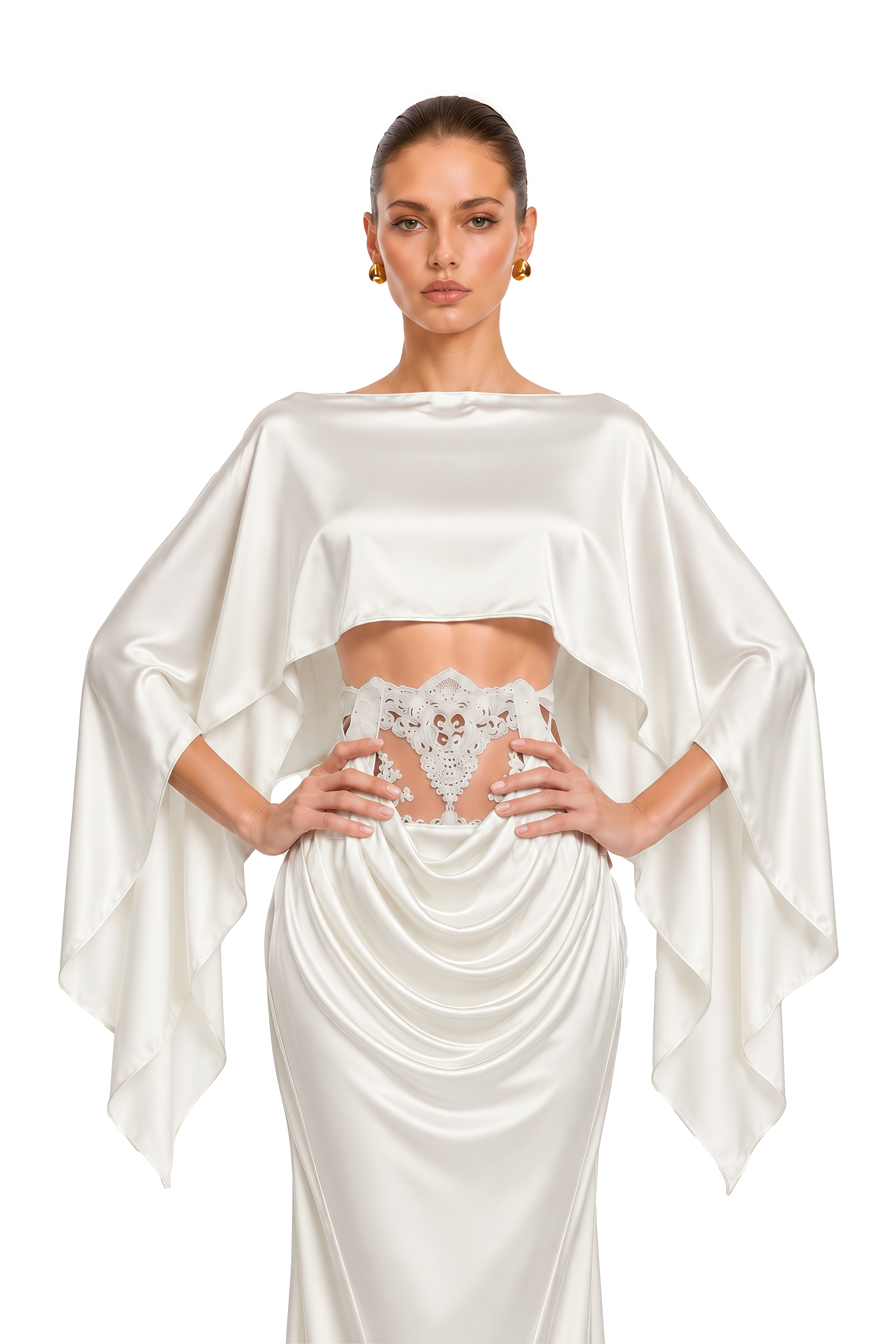 Amelia White Cape Top & Draped Skirt Set with Lace Panels
