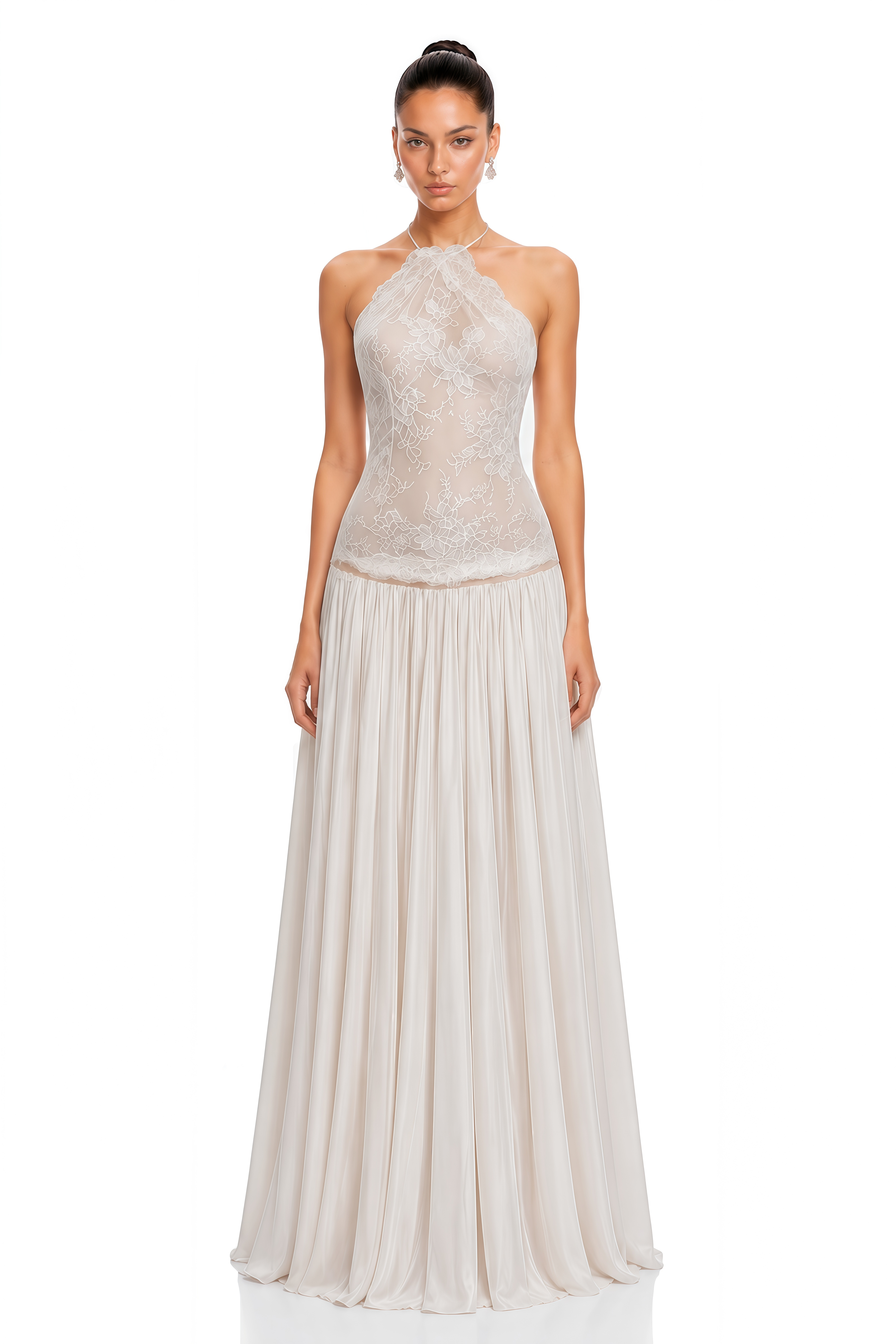 Reine White Pleated Maxi Dress with Lace Panels