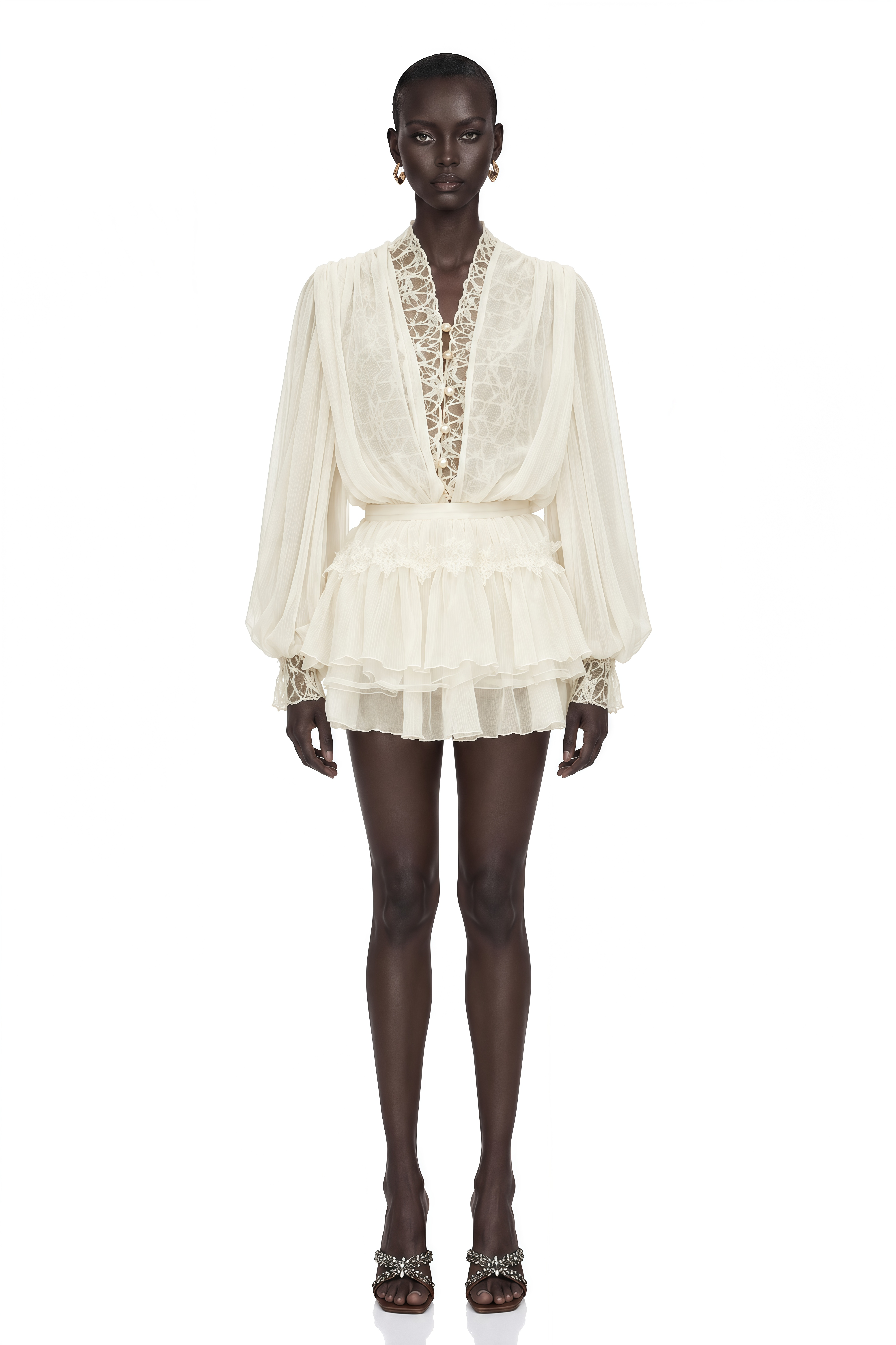 Sophie White Lace Trim Blouse & Tiered Skirt Set