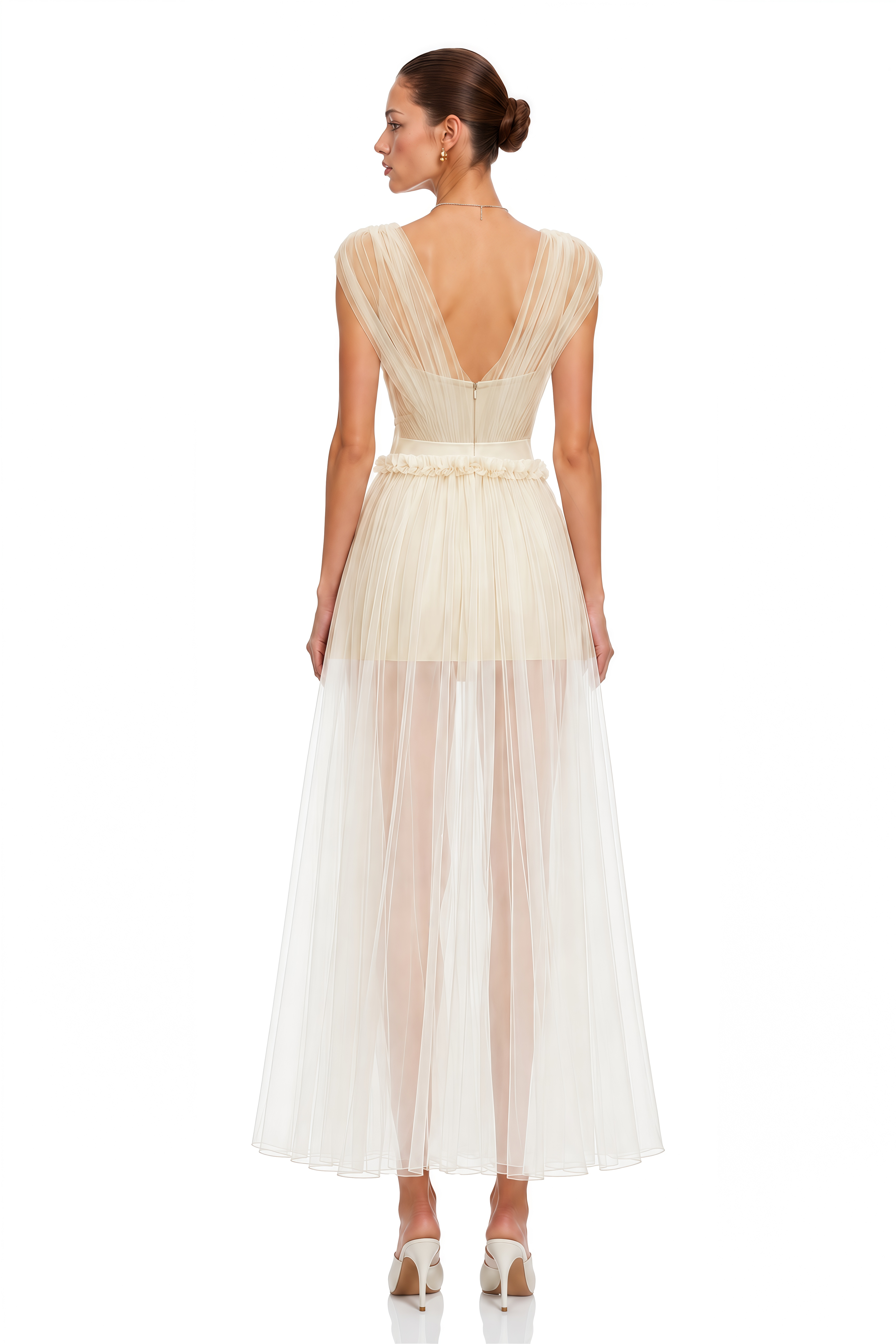 Octavia Beige V-neck Semi-sheer Ruched Maxi Dress