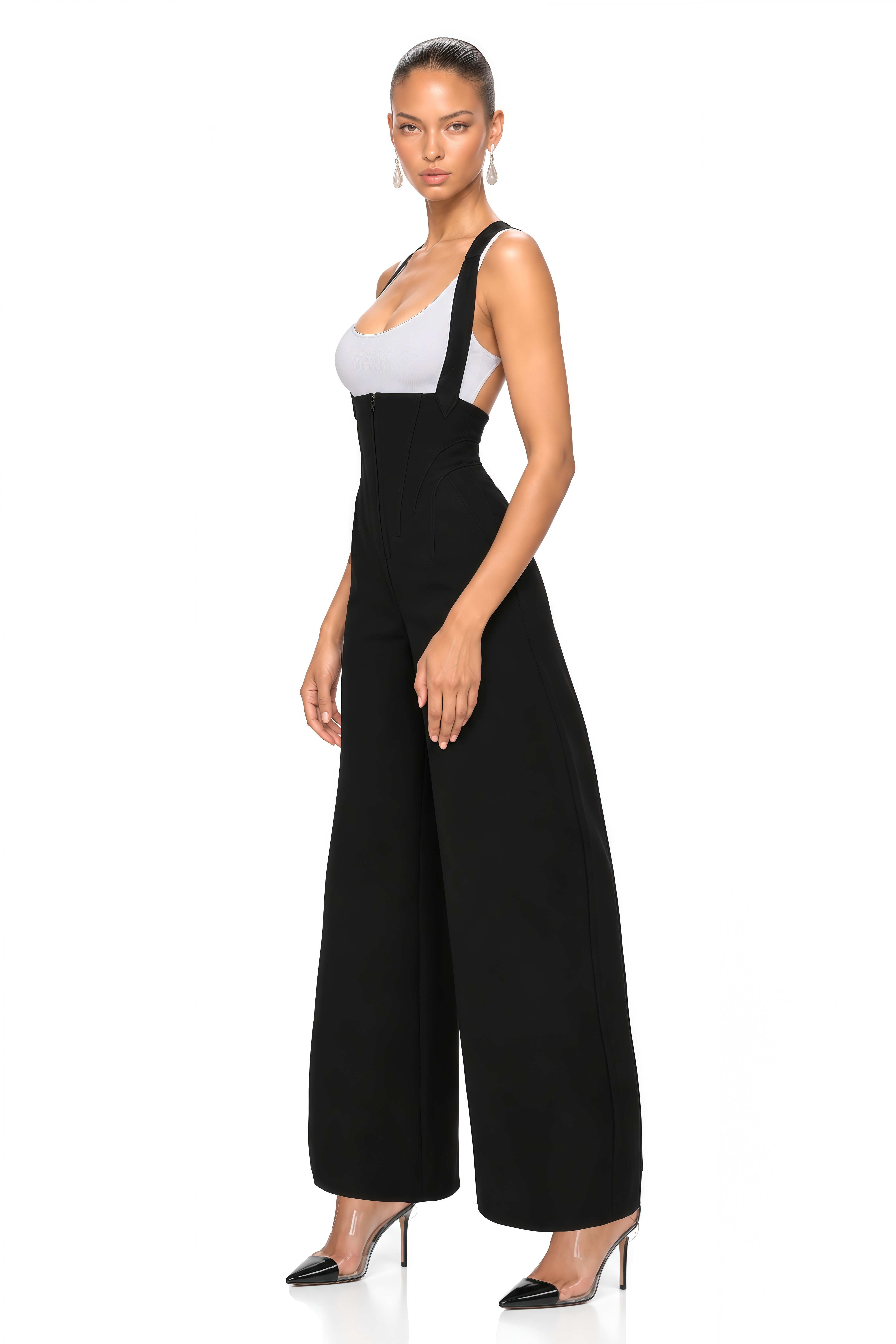 Ivona Black Boned Bodice Wide Leg Overalls