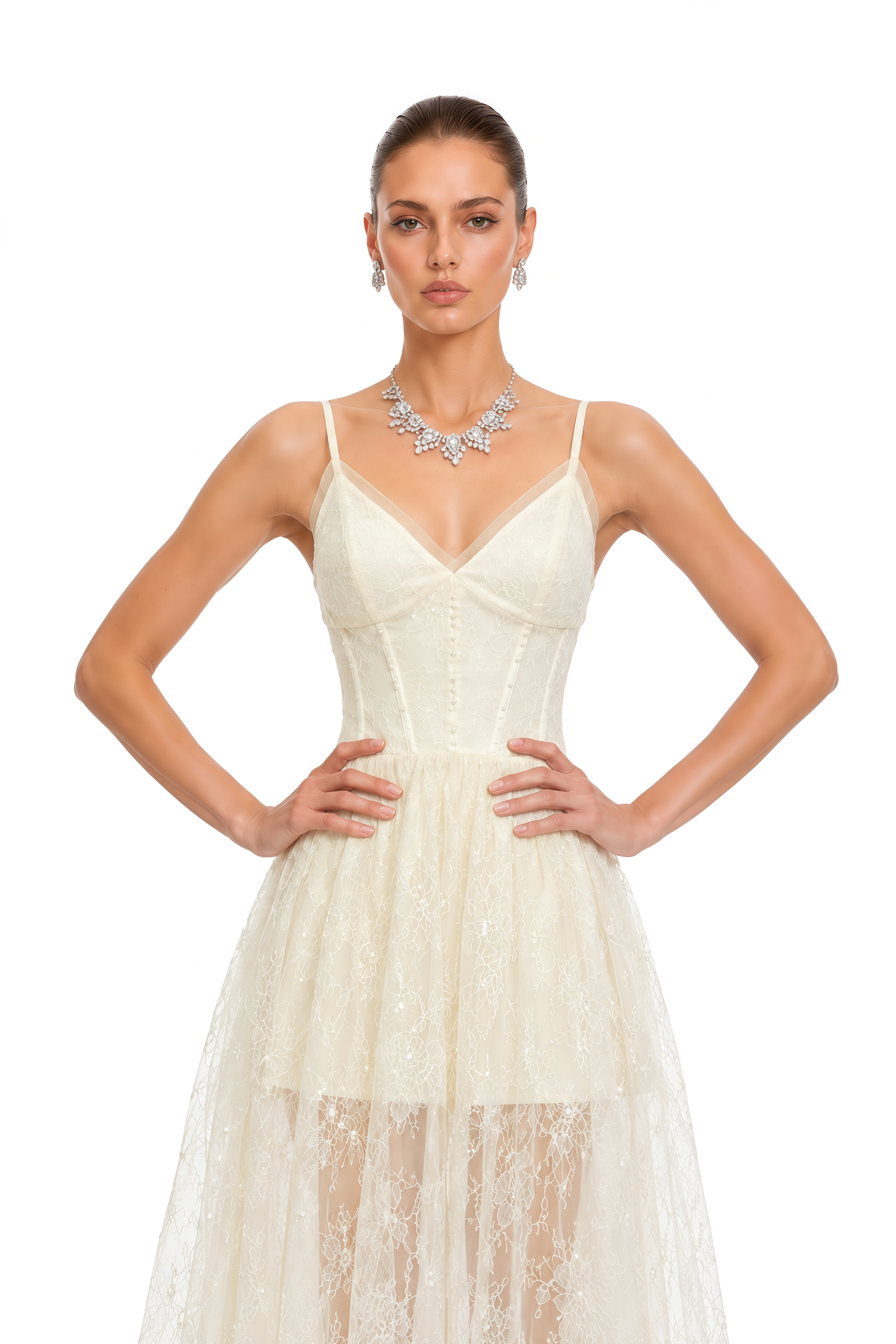 Ikaroa Cream Sweetheart Lace Midi Dress