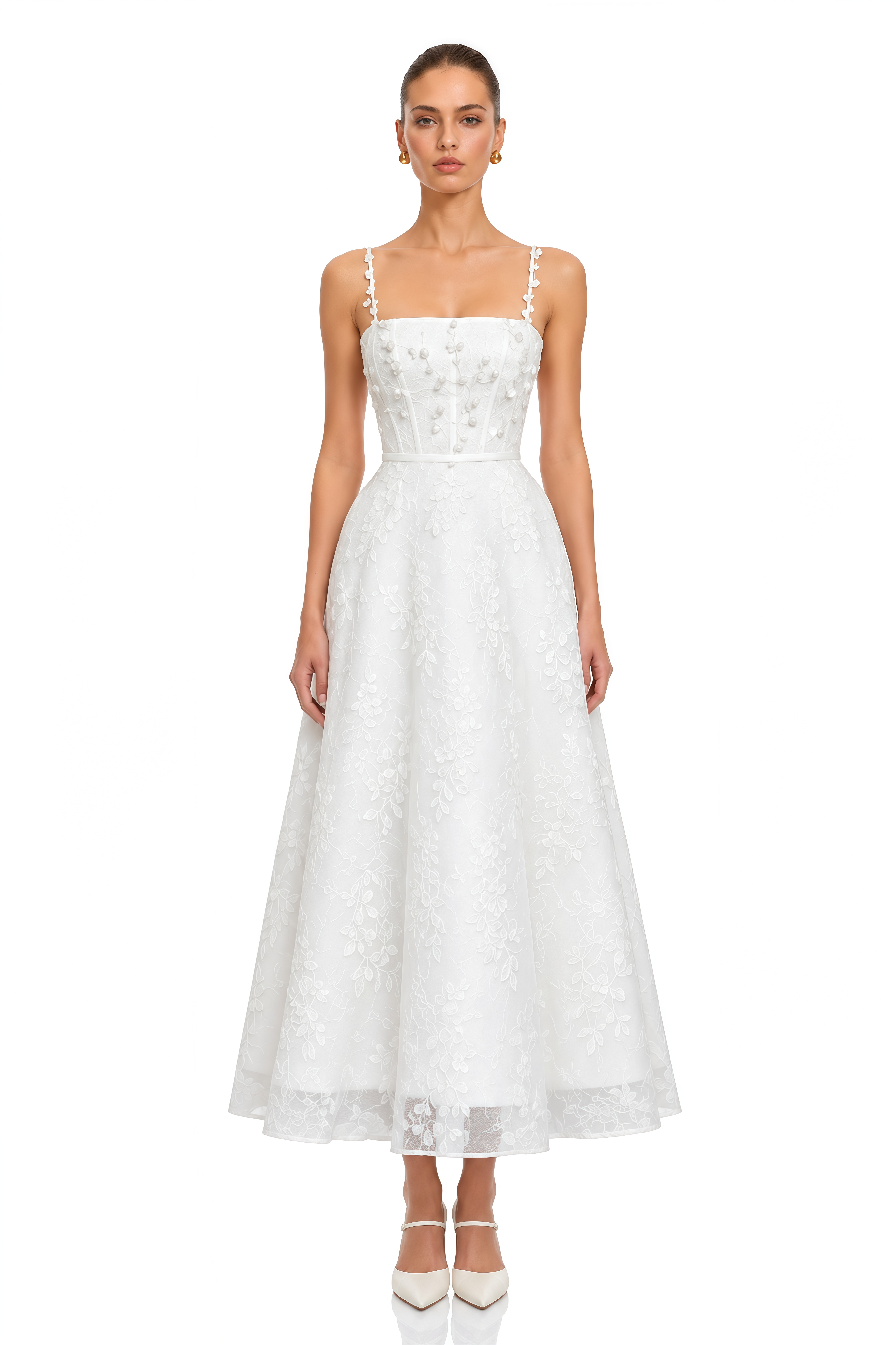 Loretta White Square Neck Midi Dress with 3D Florals