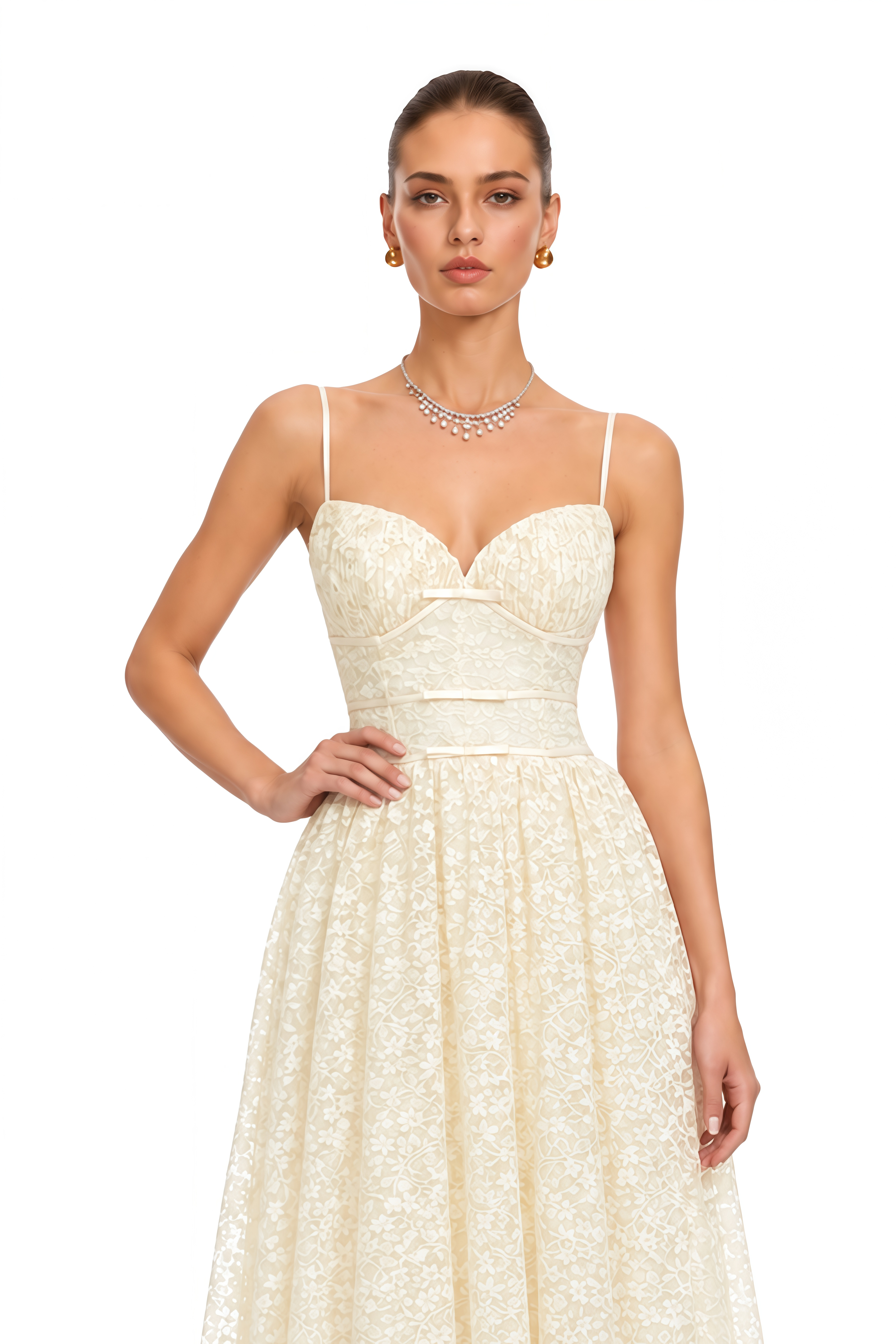 Ihaka Cream Sweetheart Lace Pleated Midi Dress