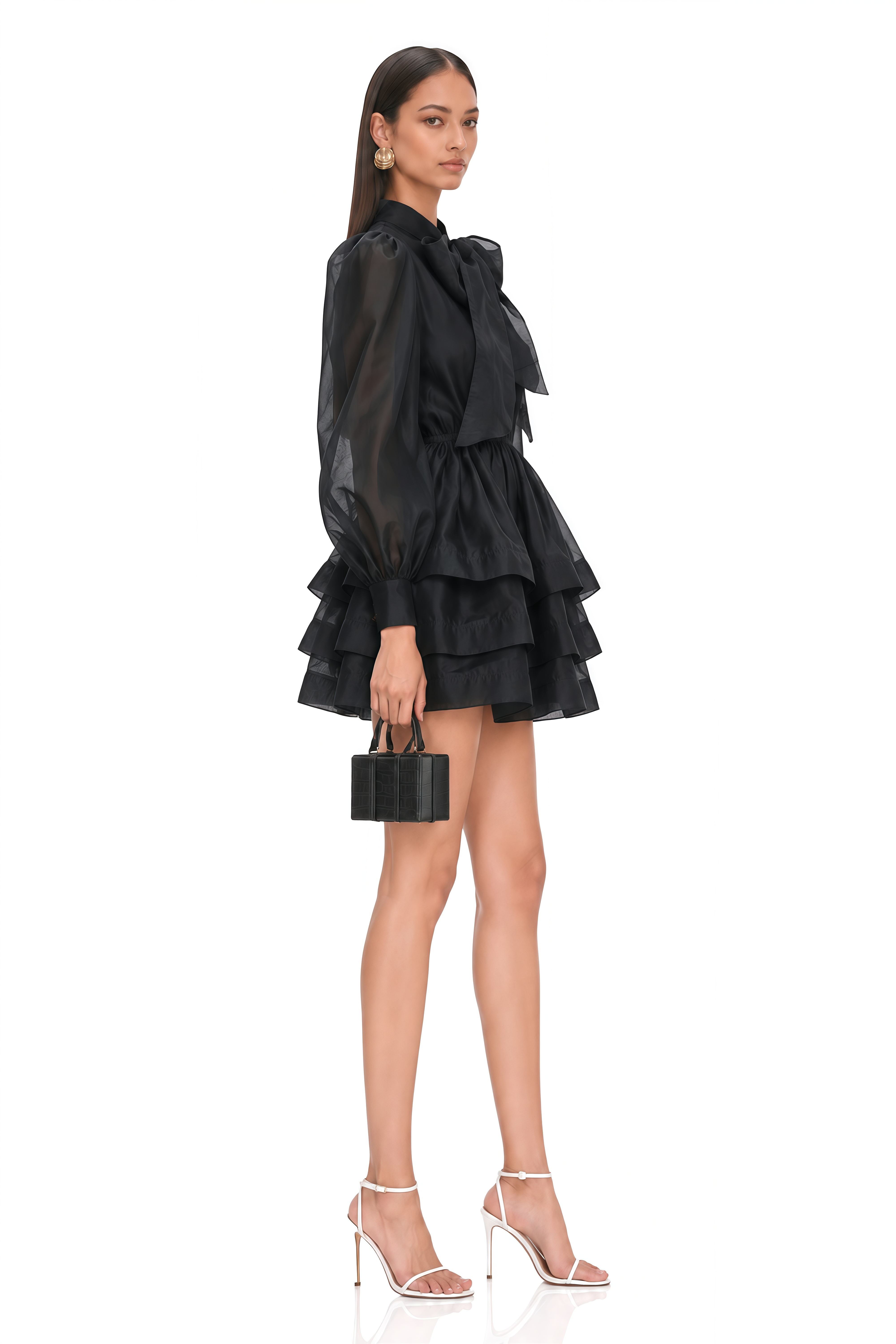 Élodie Tiered Flared Mini Dress in Black