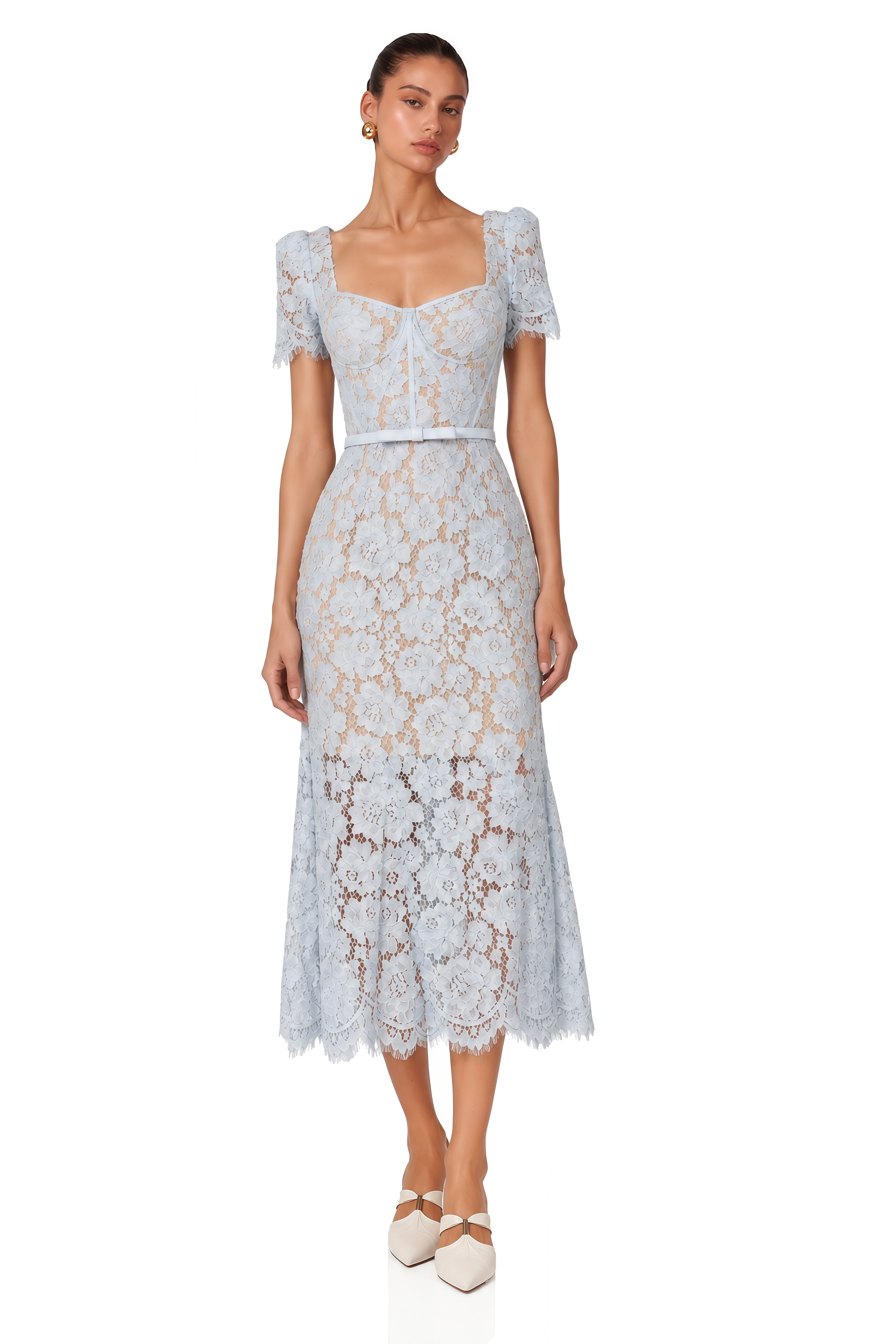 Audrey Blue Floral-Lace Boned Midi Dress