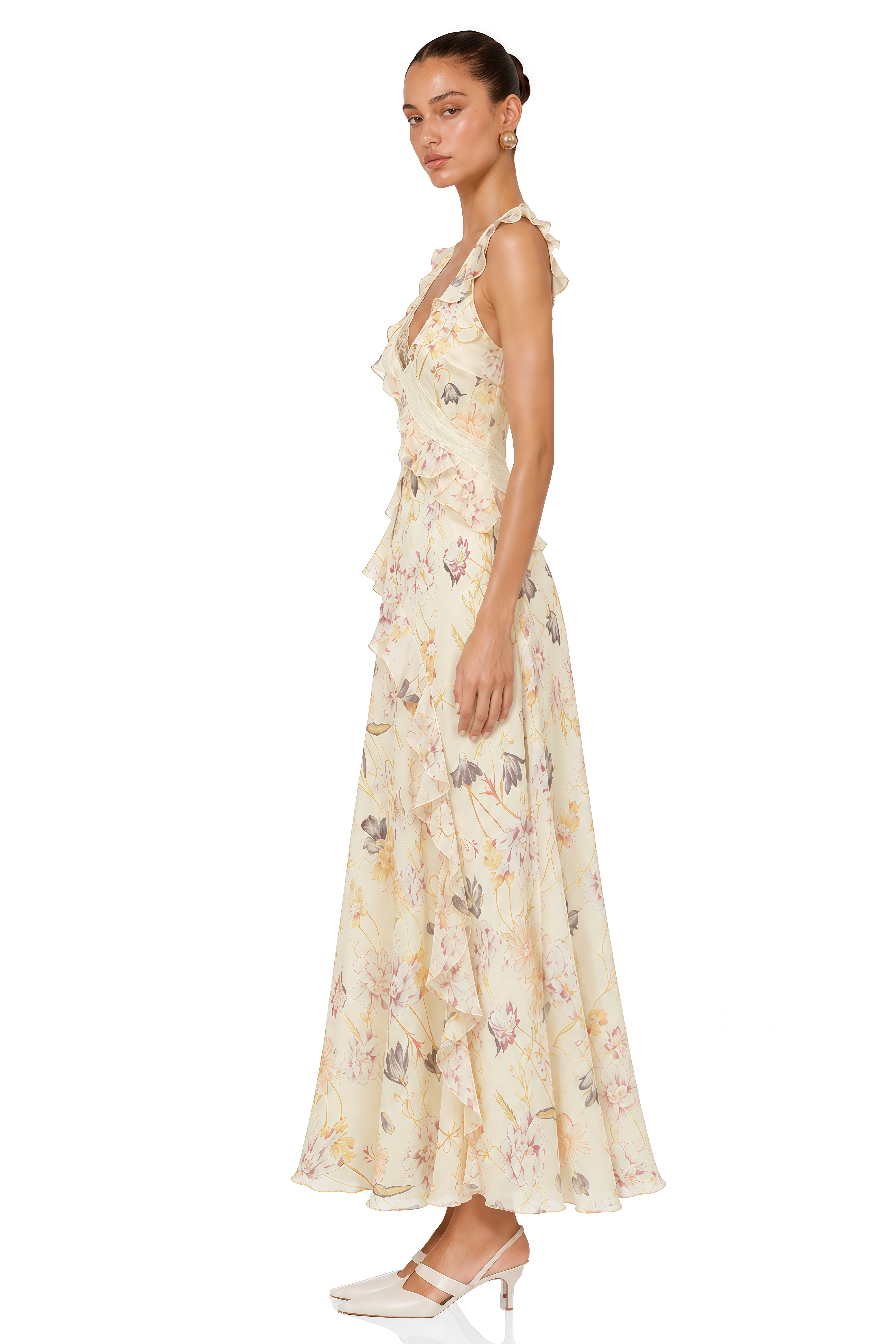 Teresa Cream Floral Print Midi Dress with Lace Panels