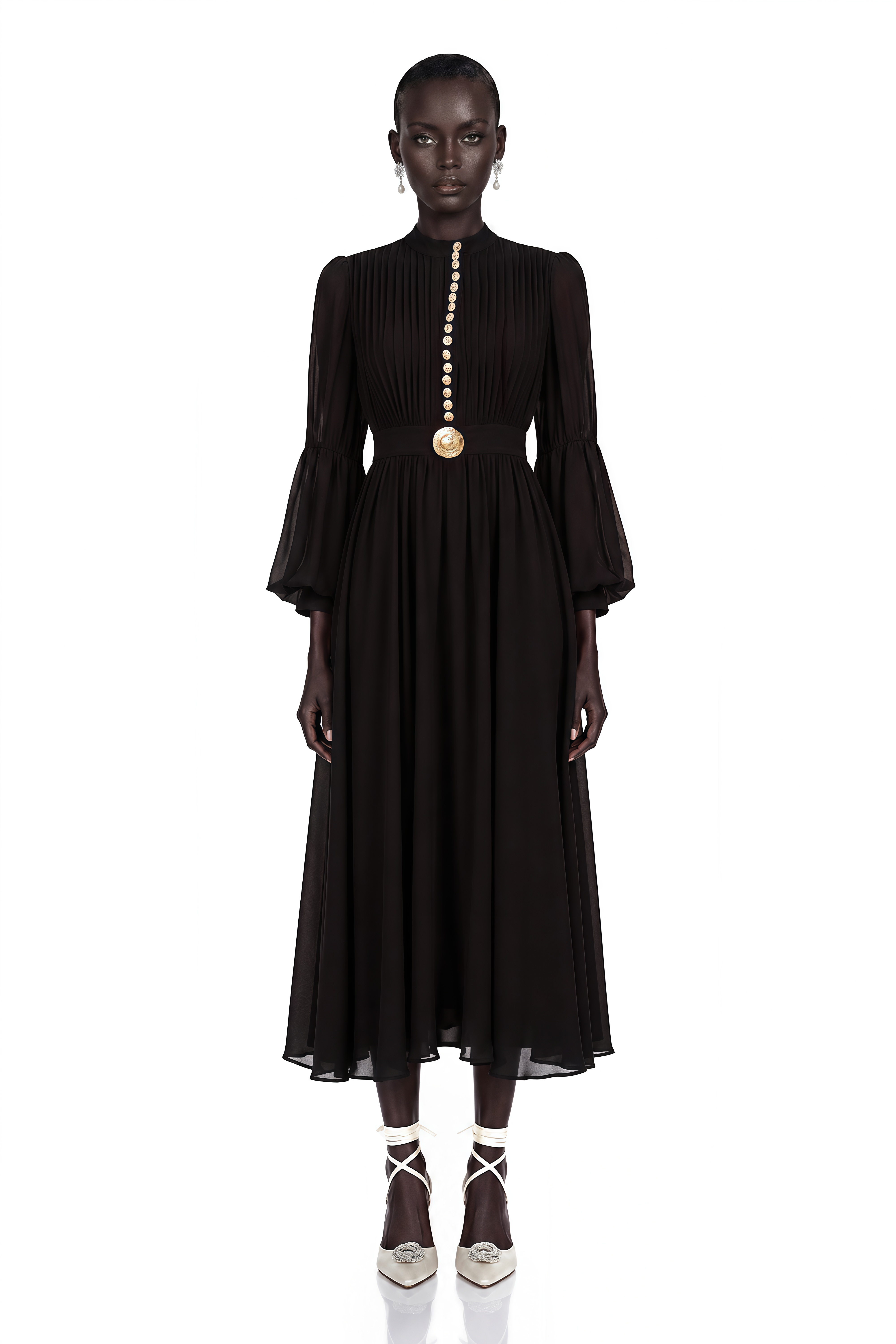 Black pleated midi dress with gold button details