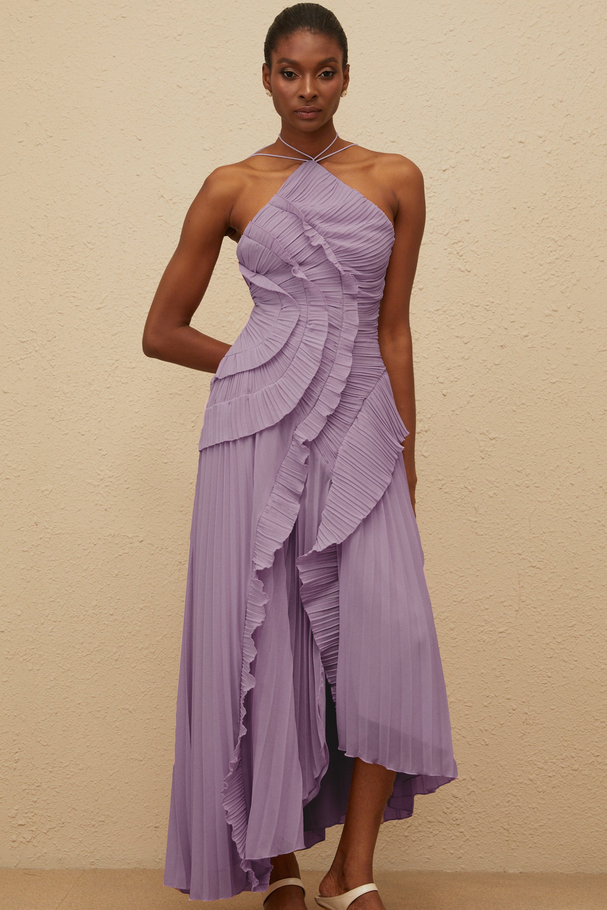 Lavender Ruffled Pleated Midi Dress