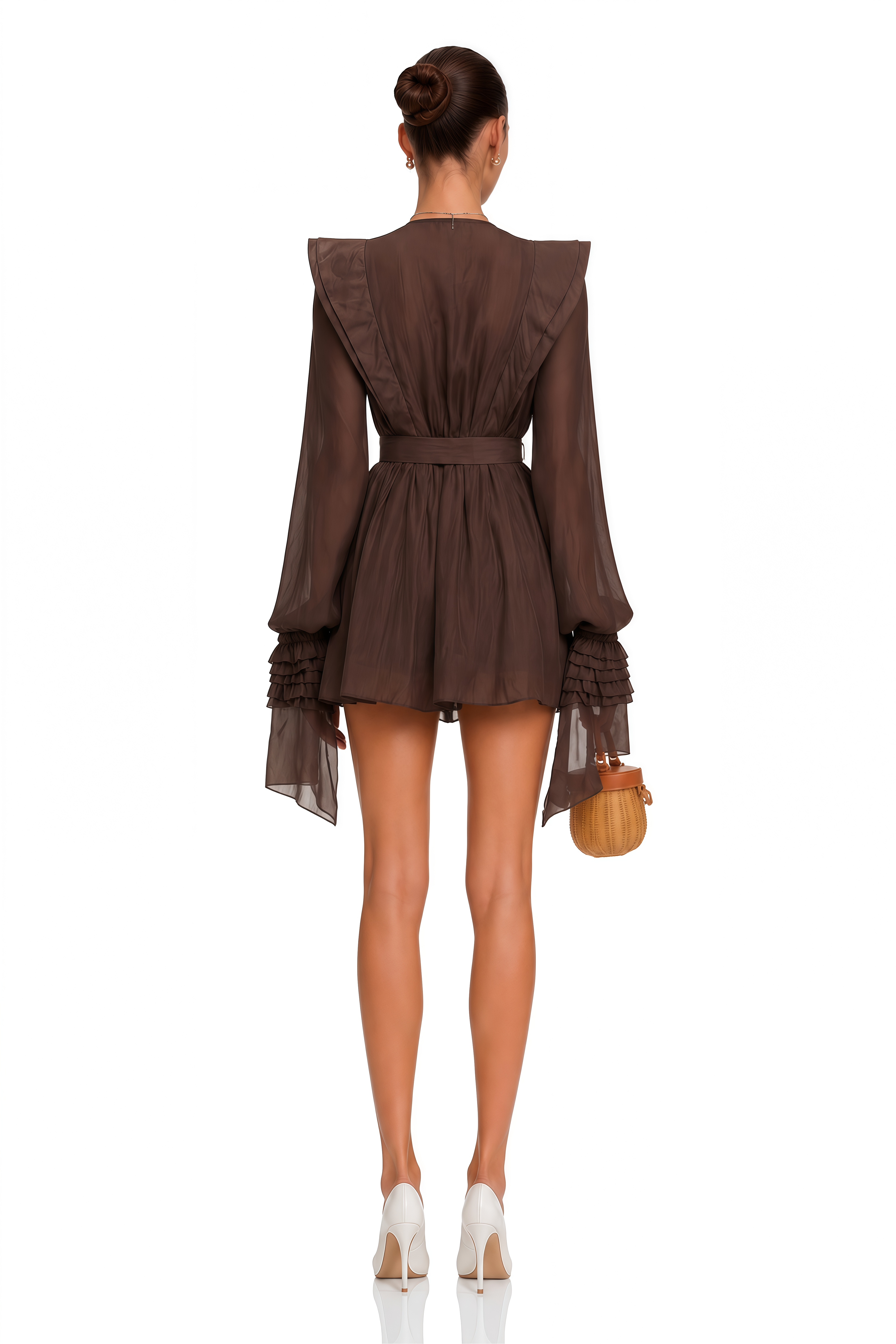 brown ruffle mini dress Annabelle Cutout Ruffled holiday shop girl Halter neckline Size:42/ US 8 Black and White V-Neck
