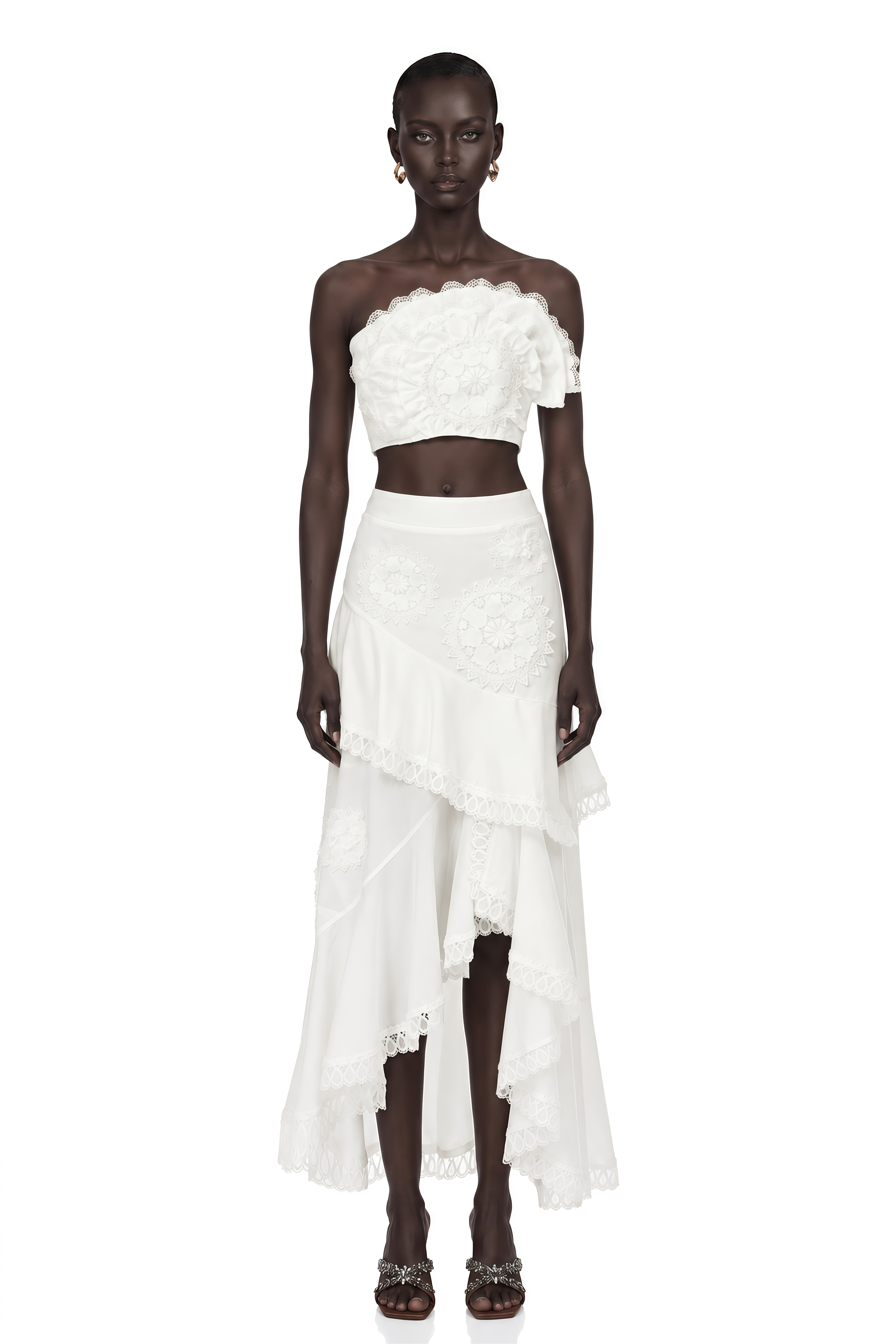 Nonhle White Floral Appliqué Top & Skirt Set