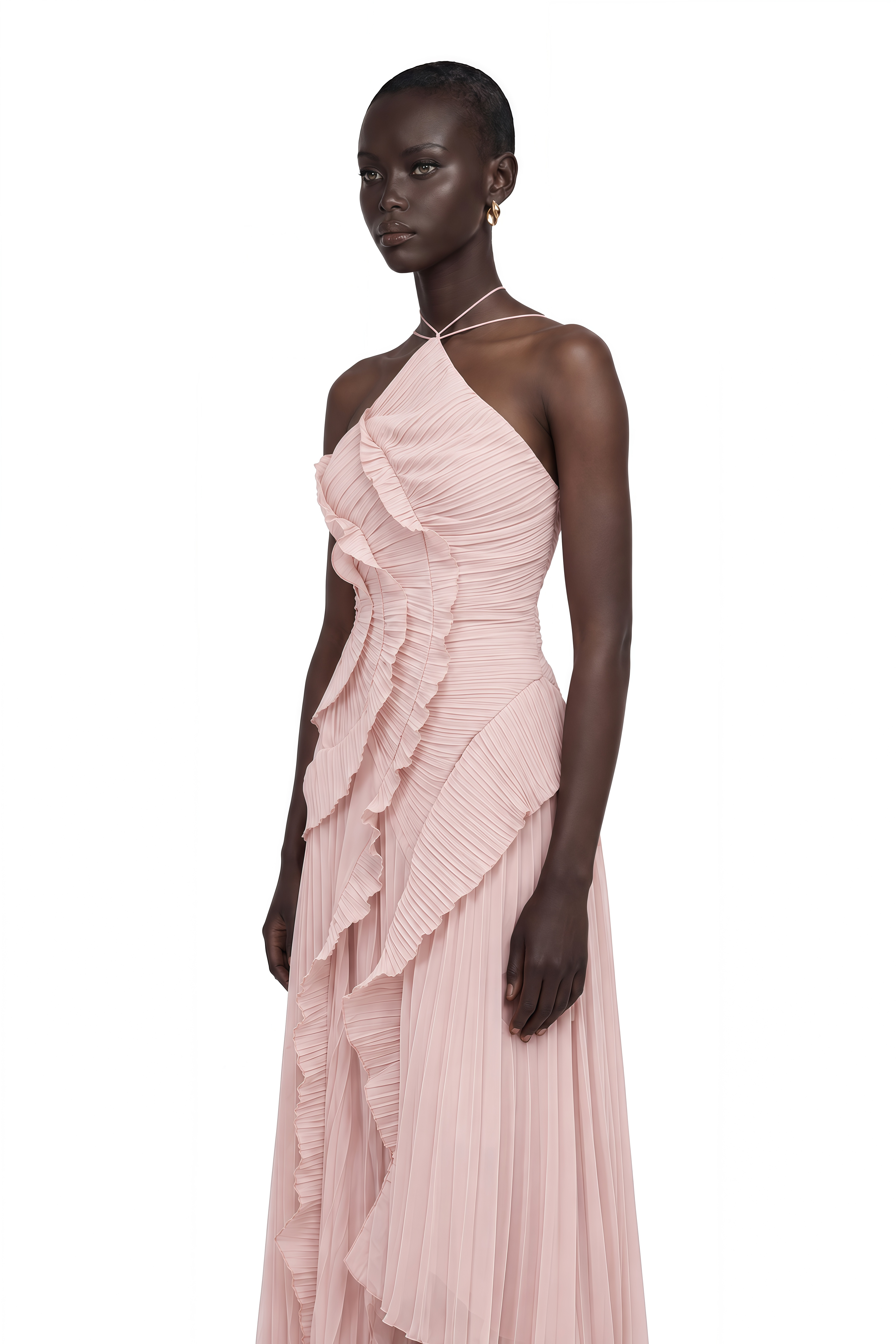 Doux Pink Ruffled Trim Pleated Midi Dress