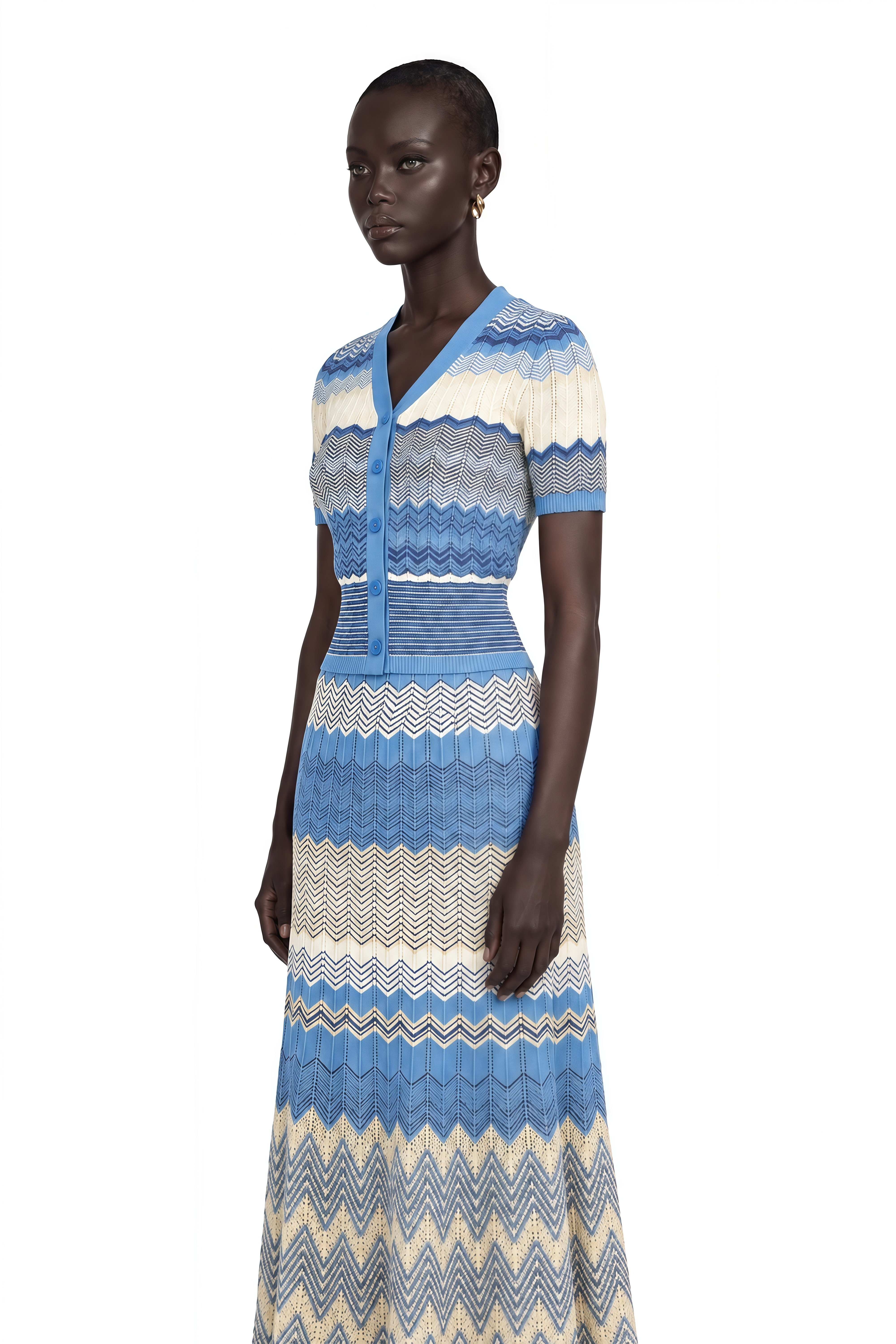 Daniela Blue Zigzag-Design Knit Top & Skirt Matching Set